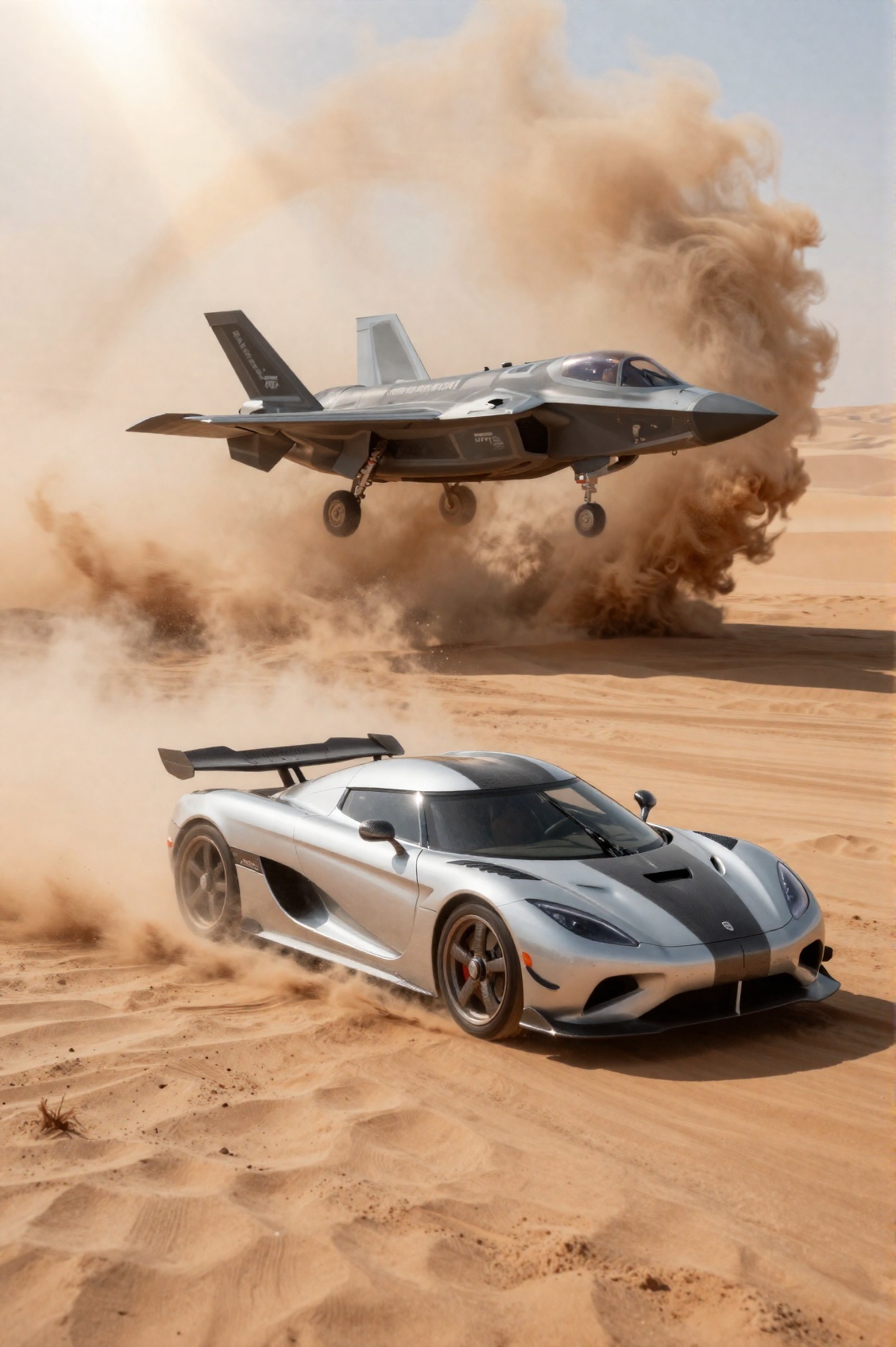 A scorching desert showdown featuring a Koenigsegg Jesko and an F-35 jet hovering in a high-speed transition. The jet’s VT...
