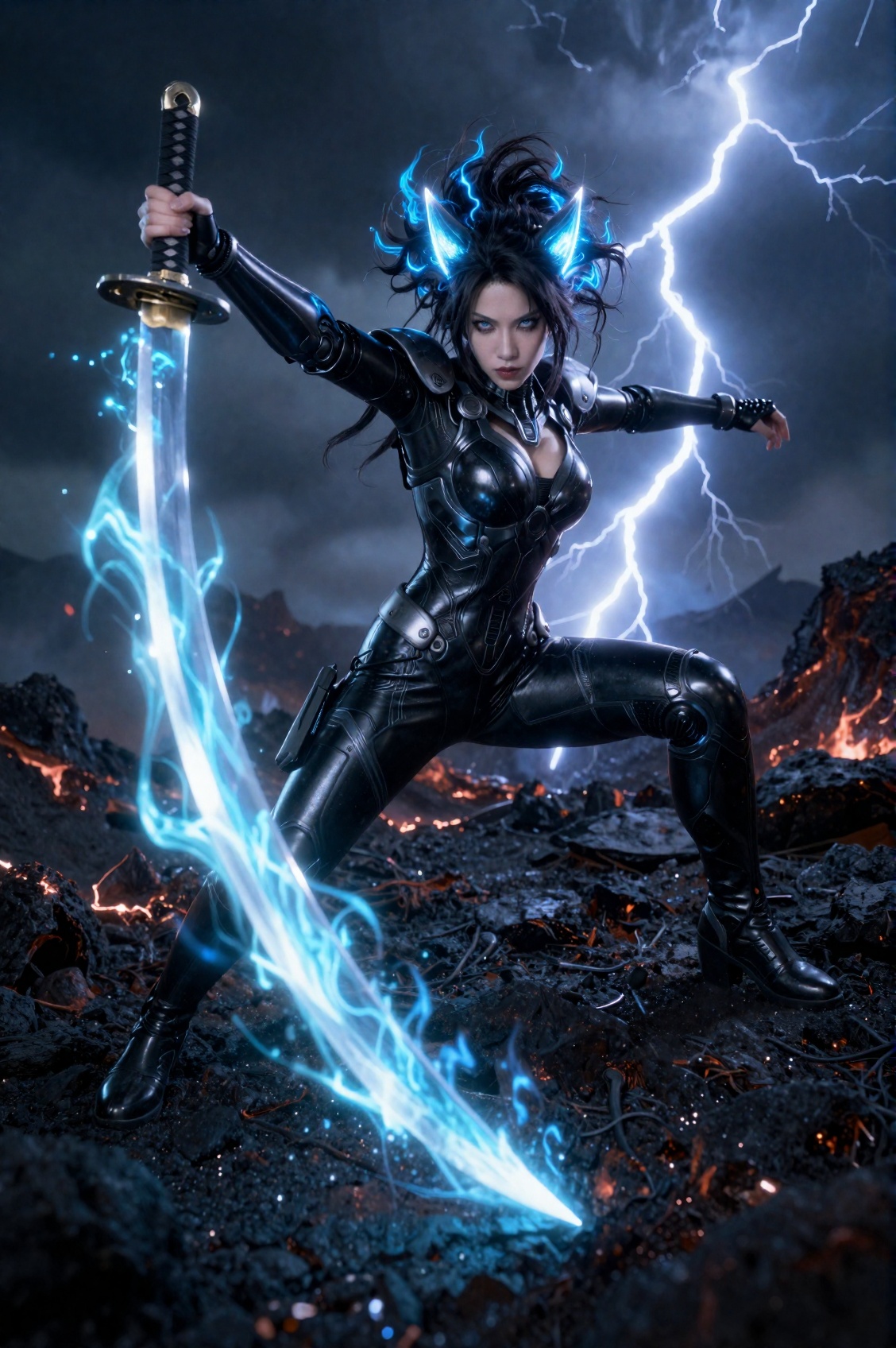 a woman featuring feline-like traits is captured in a high-tension,  full-body action shot on a scorched,  volcanic terrai...