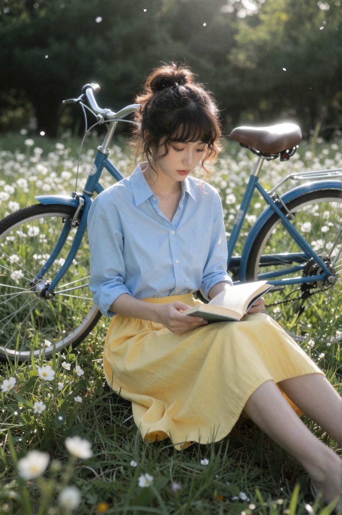 Captured in a medium full shot with a slightly low-angle perspective,  this image features a young woman sitting peacefull...