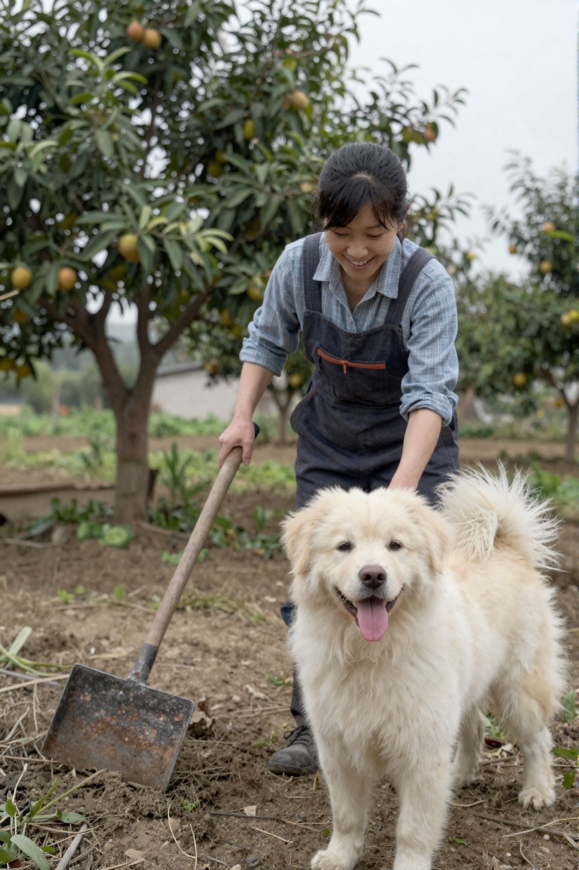 a female farmer,  fluffy dog,  joyfull on Tensor.Art