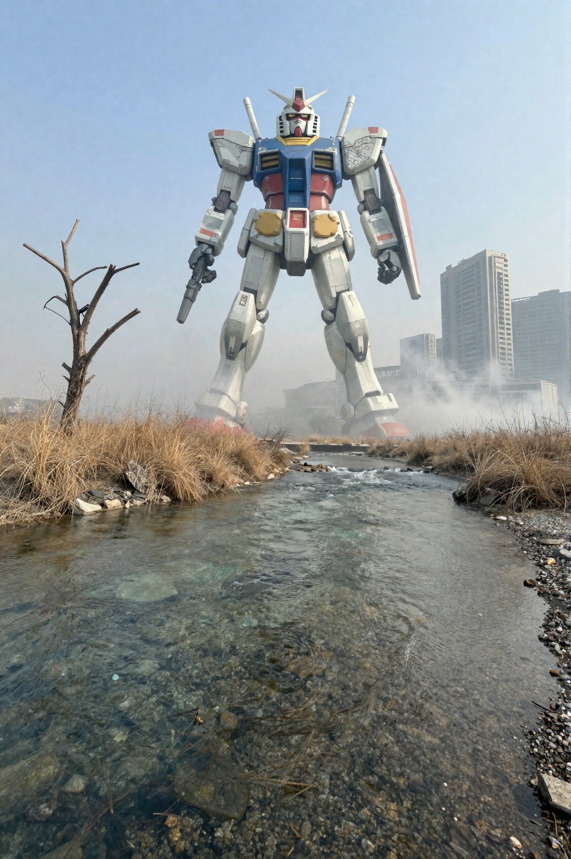 colossal Gundam loom behind the smoke,  post apocalypse,  shallow crystal clear river on Tensor.Art
