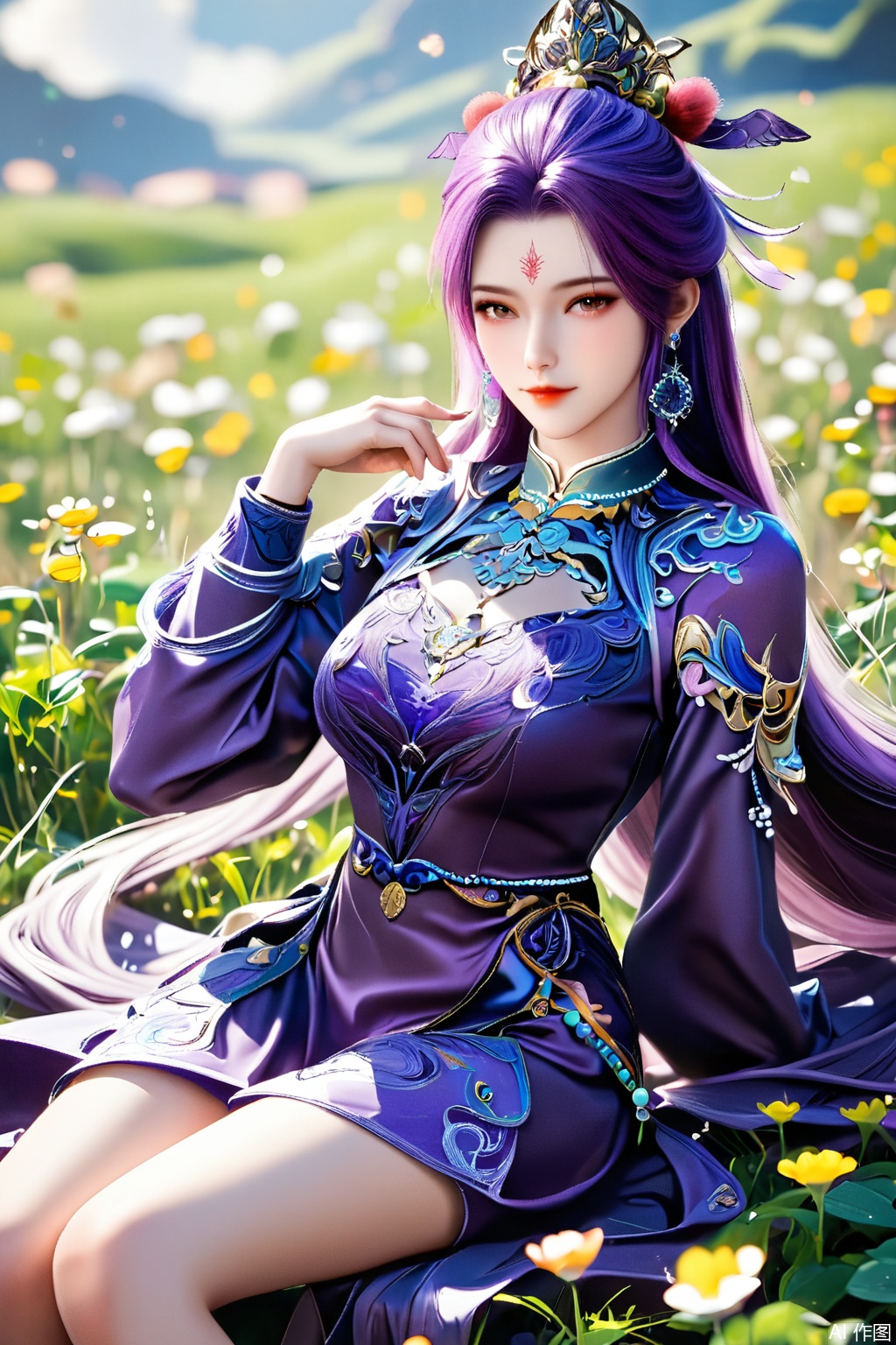 score_9,score_8_up,1girl, solo, long hair, looking at viewer, hair ornament, long sleeves, dress, jewelry, sitting, purple hair, earrings, clothing cutout, bare legs, facial mark, chinese clothes, purple dress, forehead mark,upper body,looking at viewer,in a meadow,in a meadow,