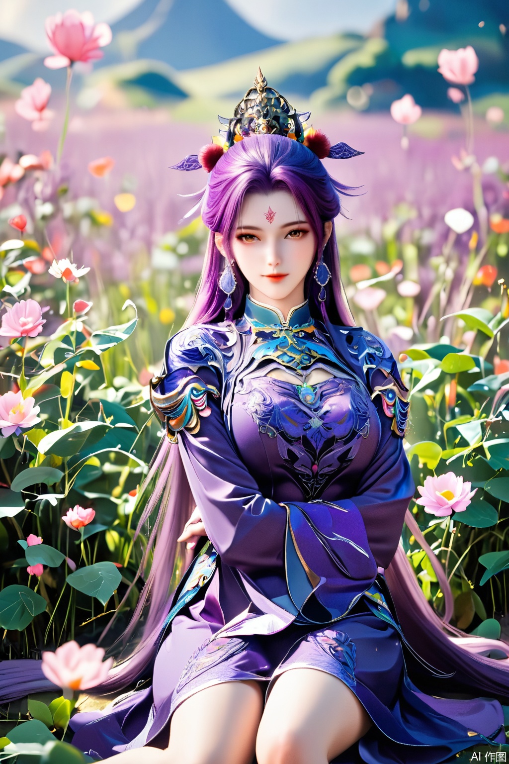 score_9,score_8_up,1girl, solo, long hair, looking at viewer, hair ornament, long sleeves, dress, jewelry, sitting, purple hair, earrings, clothing cutout, bare legs, facial mark, chinese clothes, purple dress, forehead mark,upper body,looking at viewer,in a meadow,in a meadow,