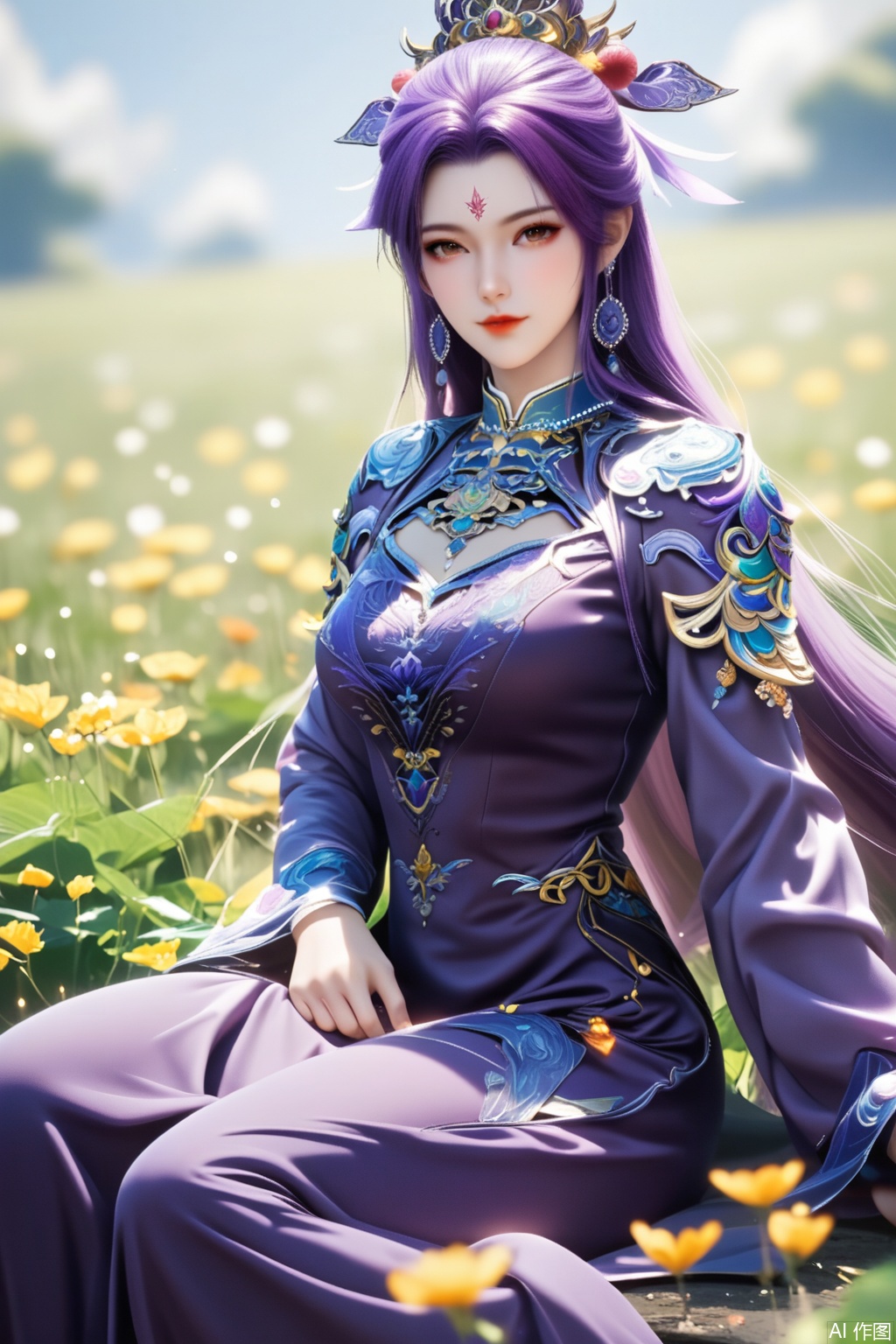 score_9,score_8_up,1girl, solo, long hair, looking at viewer, hair ornament, long sleeves, dress, jewelry, sitting, purple hair, earrings, clothing cutout, bare legs, facial mark, chinese clothes, purple dress, forehead mark,upper body,looking at viewer,in a meadow,in a meadow,