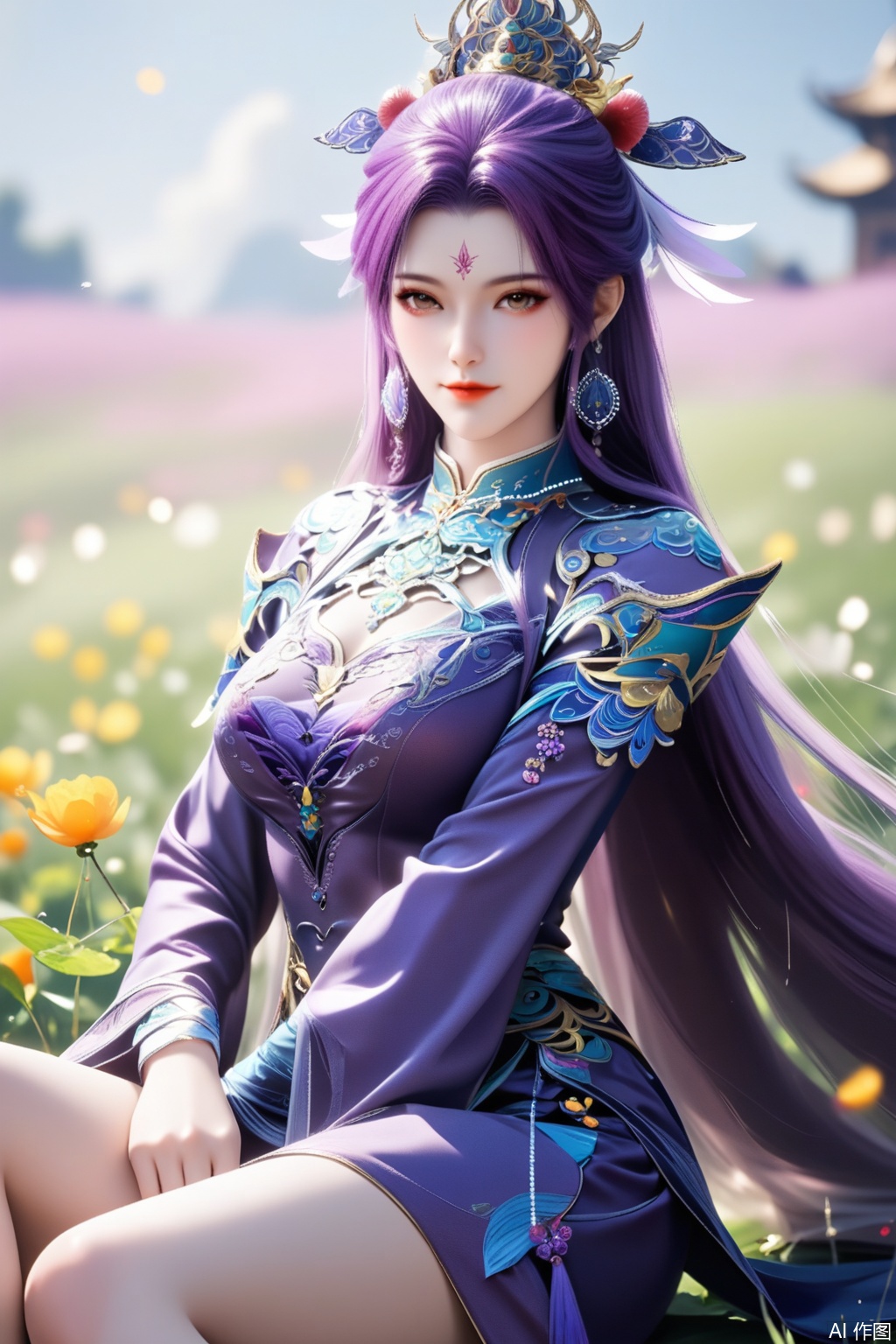 score_9,score_8_up,1girl, solo, long hair, looking at viewer, hair ornament, long sleeves, dress, jewelry, sitting, purple hair, earrings, clothing cutout, bare legs, facial mark, chinese clothes, purple dress, forehead mark,upper body,looking at viewer,in a meadow,in a meadow,
