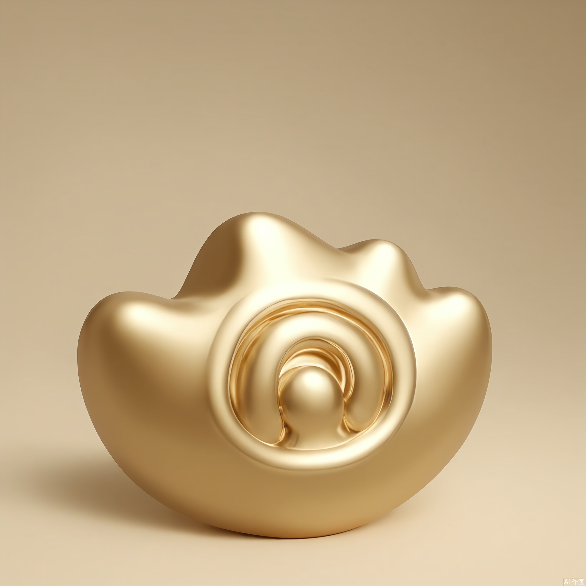 HJCZ, A tiny golden seashell sculpture, its spiral form curled tightly on white. Light rakes across the ridged interior, casting delicate shadows that mimic oceanic textures.

