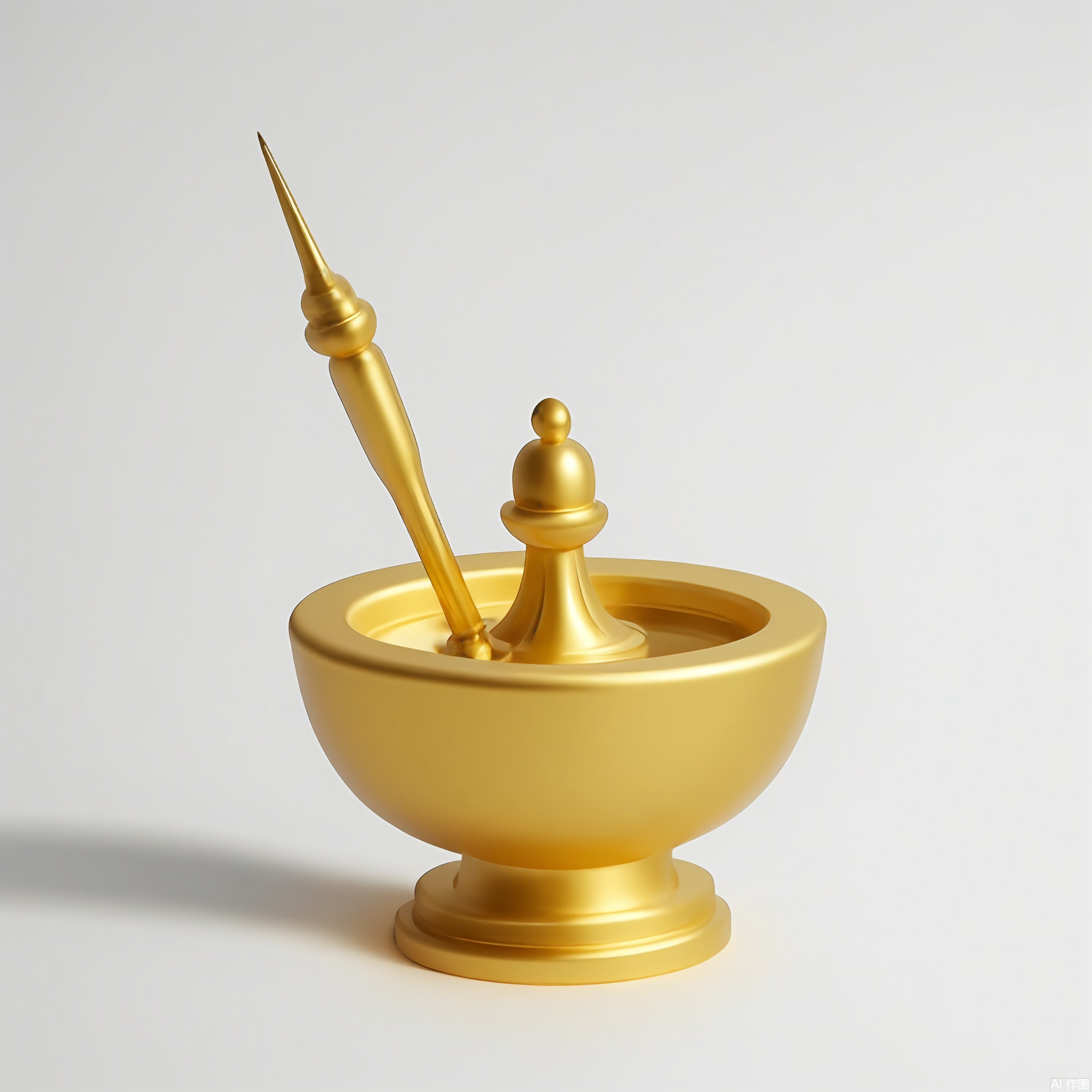 HJCZ, A miniature golden fountain pen nib, its tip grazing white. Light emphasizes the slit’s precision and the tines’ gentle curve, with a faint shadow mimicking ink flow.

