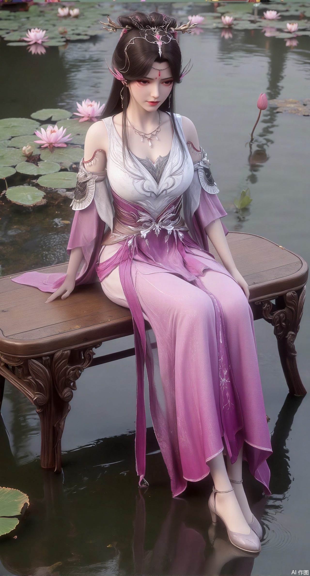 (masterpiece:1.2),best quality,The image is a digital illustration of a young woman sitting on a wooden bench in a pond with lily pads. She is wearing a long dress with design on the chest and sleeves. The dress has a high neckline and short sleeves,Holding a lotus in hand. She has long dark hair styled in loose waves and is wearing gold high heels. The woman is posing with one hand on her hip and the other resting on the edge of the bench. The background is filled with pink and white lotus flowers and green leaves. The overall mood of the image is peaceful and serene,(huge breasts:2.99),(full breasts:2.99),(Background with traditional Chinese architecture,Pond, water lilies:1.39),,XliushenWDDk,Xziyanlonghuang,XjiningshuangX2,XcaiyunxianziK,XlimuwanXJCB,XzilingK,Xzixink