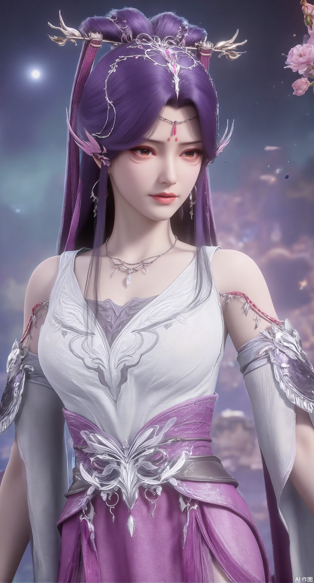 (masterpiece:1.2),best quality,,an anime CG style image.A girl has long purple hair,There is a crown on her head,She has beautiful and delicate facial features, fair skin, and wearing a white dress,sitting Floating islands in celestial valley, bioluminescent flora under starlight, pastel pink and aqua auroras, dreamlike composition with impossible physics, 3D render style.(huge breasts:2.99),(full breasts:2.99),,XliushenWDDk,Xziyanlonghuang,XjiningshuangX2,XcaiyunxianziK,XlimuwanXJCB,XzilingK