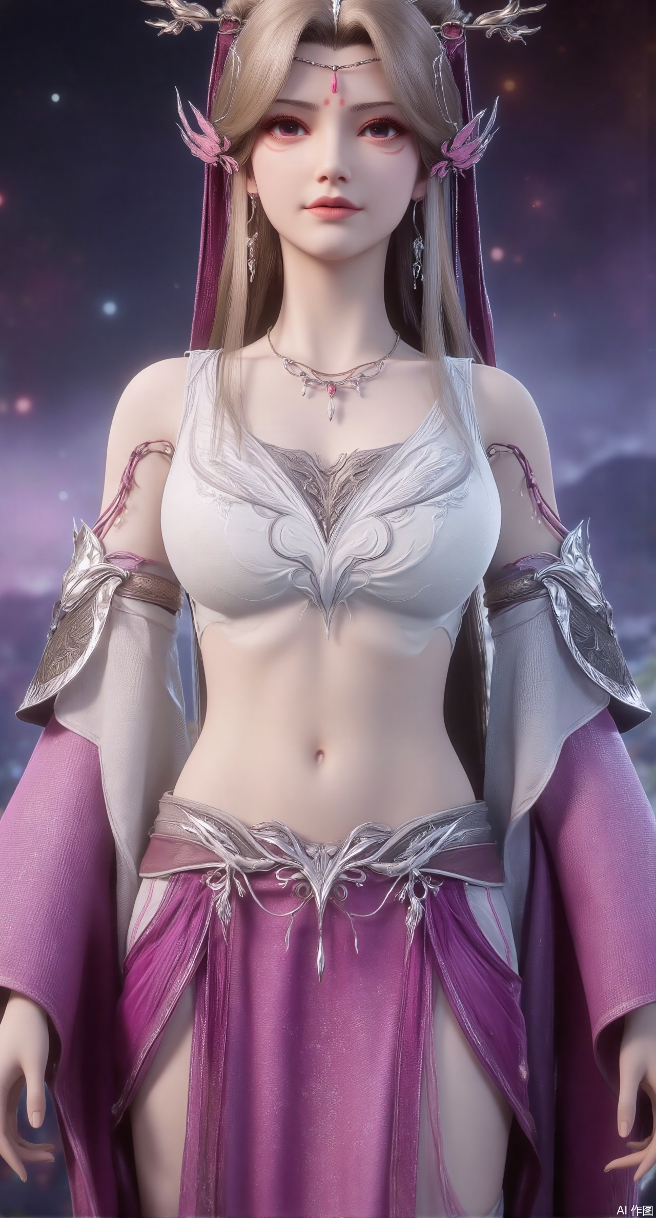 (masterpiece:1.2),1girl,long hair,purple eyes,very long hair,hair_ornament,hanfu ((knee shot)), ((Shoot at random angles)), ((Visible cleavage)), ((E-cup)), ((I-type Valley)), ((Warm colors)), (Galaxy Background), Long-range shooting, A beautiful woman,Elegant posture,Standing,Slender figure。Her legs are slender and straight,Cross placement,Forming a perfect diagonal composition。Head gently sideways,Long blond hair falls naturally,Gently brushing her shoulders。Soft colors,In stark contrast to her fair skin。The edge of the skirt ripples gently,As if swaying in the breeze。Her eyes were gentle,There is a faint smile on the lips。The whole picture looks very harmonious and beautiful.(huge breasts:2.99),(full breasts:2.99),,XliushenWDDk,Xziyanlonghuang,XjiningshuangX2,XcaiyunxianziK,XlimuwanXJCB,XzilingK
