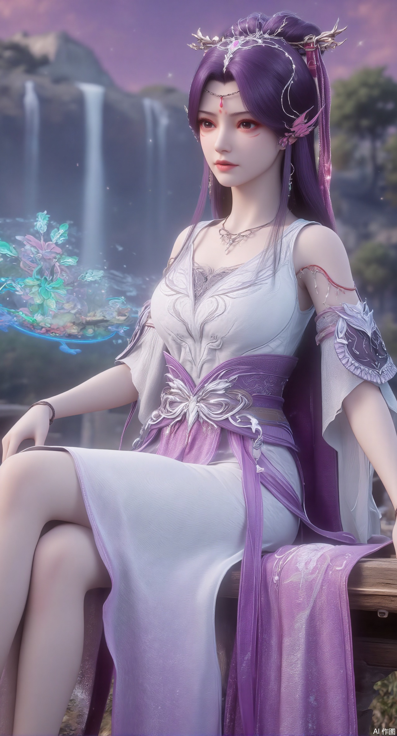 (masterpiece:1.2),best quality,,an anime CG style image.A girl has long purple hair,There is a crown on her head,She has beautiful and delicate facial features, fair skin, and wearing a white dress,sitting Floating islands in celestial valley, bioluminescent flora under starlight, pastel pink and aqua auroras, dreamlike composition with impossible physics, 3D render style.(huge breasts:2.99),(full breasts:2.99),,XliushenWDDk,Xziyanlonghuang,XjiningshuangX2,XcaiyunxianziK,XlimuwanXJCB,XzilingK