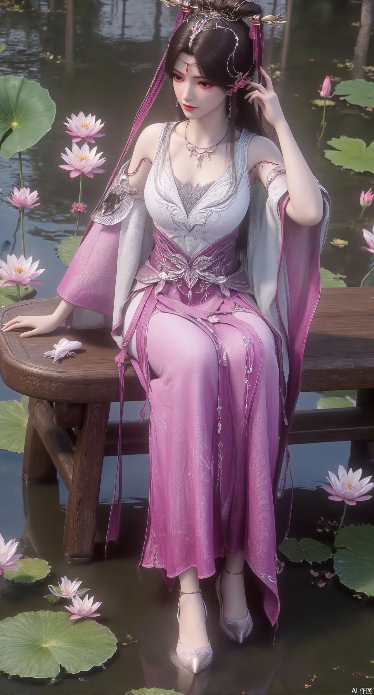 (masterpiece:1.2),best quality,The image is a digital illustration of a young woman sitting on a wooden bench in a pond with lily pads. She is wearing a long dress with design on the chest and sleeves. The dress has a high neckline and short sleeves,Holding a lotus in hand. She has long dark hair styled in loose waves and is wearing gold high heels. The woman is posing with one hand on her hip and the other resting on the edge of the bench. The background is filled with pink and white lotus flowers and green leaves. The overall mood of the image is peaceful and serene,(huge breasts:2.99),(full breasts:2.99),(Background with traditional Chinese architecture,Pond, water lilies:1.39),,XliushenWDDk,Xziyanlonghuang,XjiningshuangX2,XcaiyunxianziK,XlimuwanXJCB,XzilingK,Xzixink