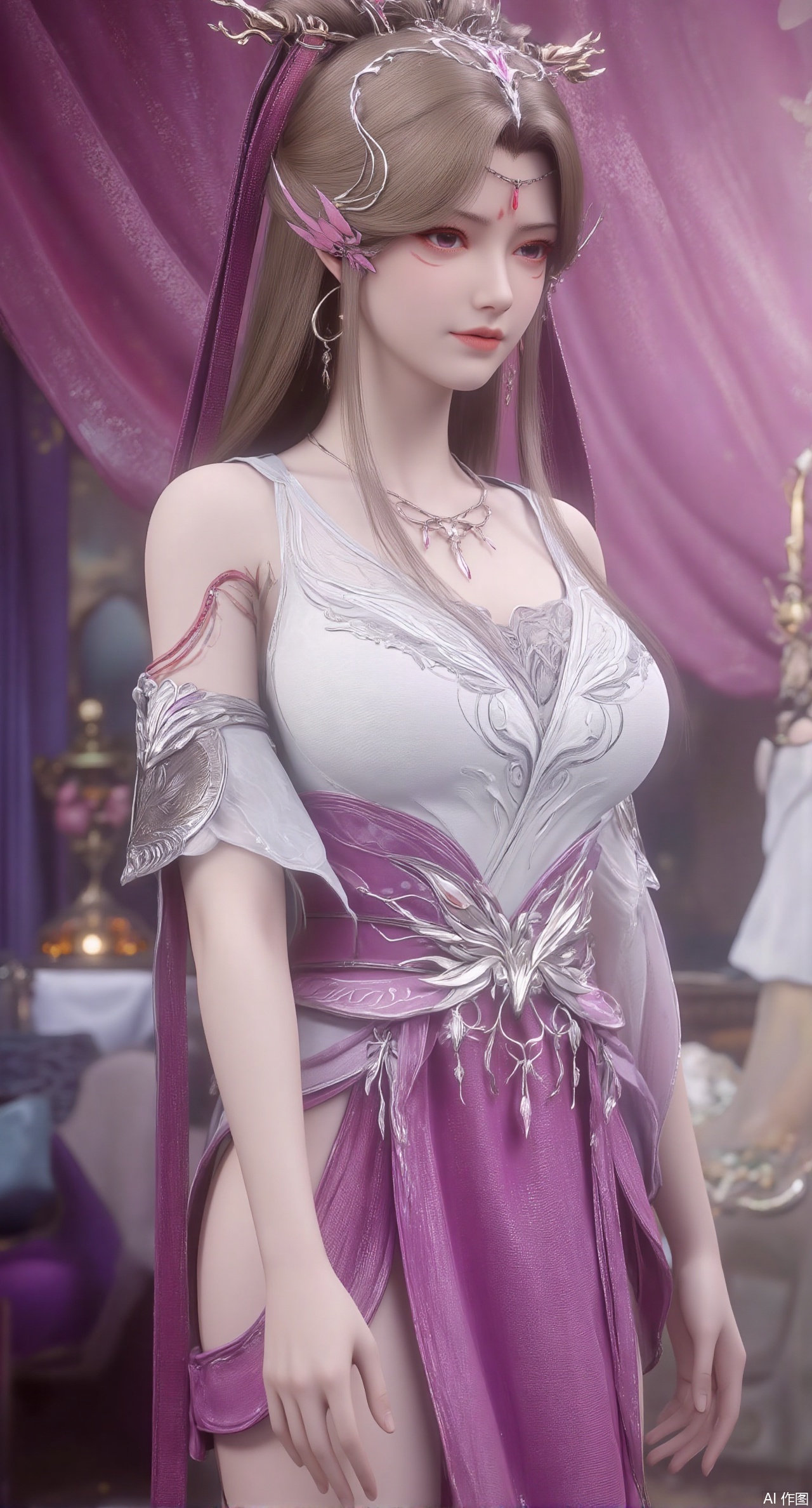 (masterpiece:1.2),1girl,long hair,purple eyes,very long hair,hair_ornament,hanfu ((knee shot)), ((Shoot at random angles)), ((Visible cleavage)), ((E-cup)), ((I-type Valley)), ((Warm colors)), (Galaxy Background), Long-range shooting, A beautiful woman,Elegant posture,Standing,Slender figure。Her legs are slender and straight,Cross placement,Forming a perfect diagonal composition。Head gently sideways,Long blond hair falls naturally,Gently brushing her shoulders。Soft colors,In stark contrast to her fair skin。The edge of the skirt ripples gently,As if swaying in the breeze。Her eyes were gentle,There is a faint smile on the lips。The whole picture looks very harmonious and beautiful.(huge breasts:2.99),(full breasts:2.99),,XliushenWDDk,Xziyanlonghuang,XjiningshuangX2,XcaiyunxianziK,XlimuwanXJCB,XzilingK