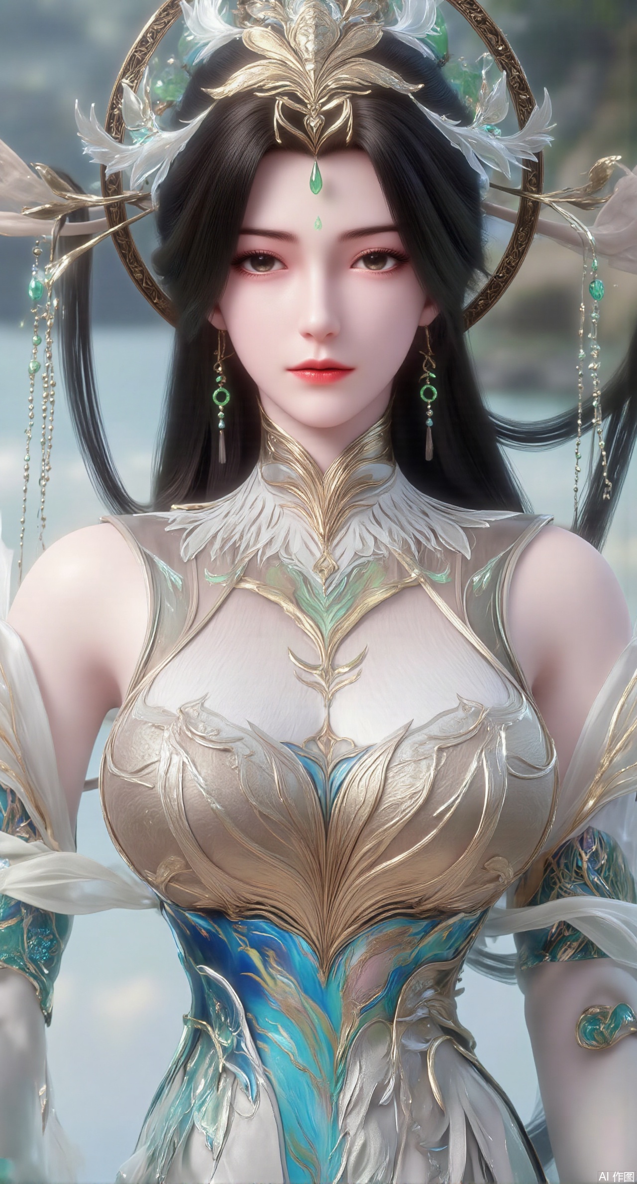 (masterpiece:1.2),best quality,extremely detailed wallpaper,perfect lighting1girl,solo,standing,looking at viewer,(cowboy_shot:1.3),,long hair,blurry background,depth of field,in summer,day,outdoors,nature,sea,(beach:1.4),(huge breasts:2.99),(full breasts:2.99),XcaiyunK,XlimuwanJCB,Xjiningshuang,XjiningshuangX2,XzixinK,XliushenWDDk,XtingerY,XbaiyuekuiXY,XqingyiXYK,COLORFUL CHAOS CRACKS AND DROPS,RAINBOW GLOW.