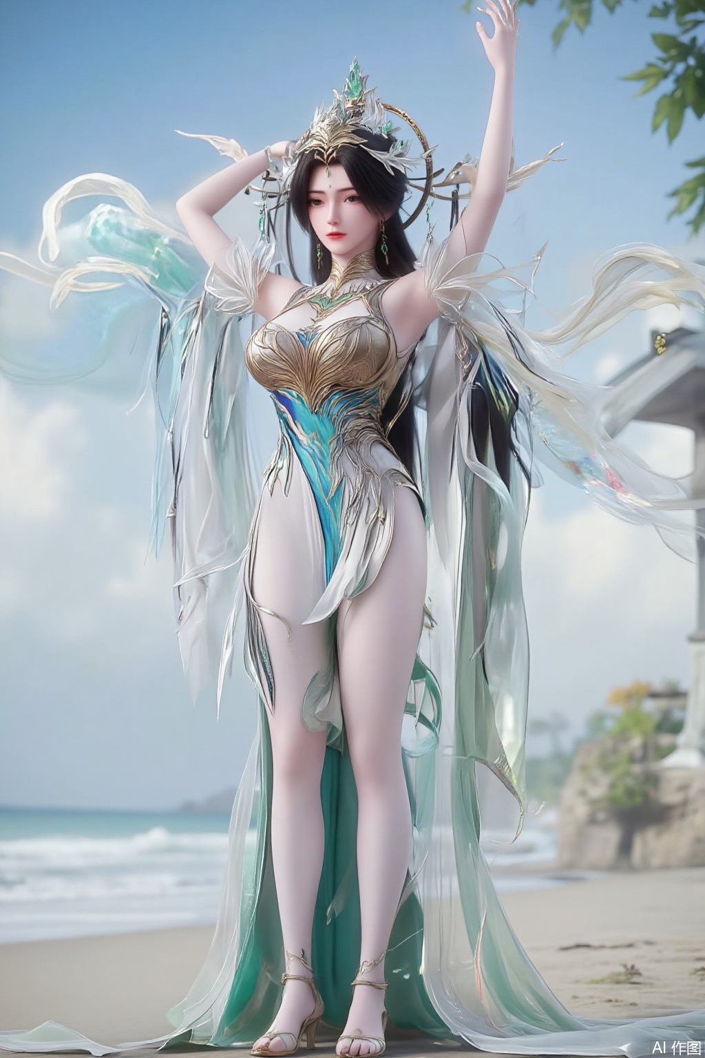  (masterpiece:1.2),best quality,3D animation,CG,absurdres,masterpiece,original,extremely detailed wallpaper,perfect lighting,(extremely detailed CG:1.2),1girl,solo,standing,(huge breasts:2.69),(full breasts:2.59),,looking at viewer,(cowboy_shot:1.1),long hair,high heels,blurry background,depth of field,motion blur,long dress,china_dress,chinese_style,bare shouders,crystal_earrings,headpiece,hair_tie,chest_jewel,gem,necklace,jewelry,in summer,day,outdoors,nature,sea,(rose,beach:1.49),(huge breasts:2.99),(full breasts:2.99),(very long legs,Diamond-studded high heels:1.5),XcaiyunK,XlimuwanJCB,Xjiningshuang,XjiningshuangX2,XzixinK,XliushenWDDk,XtingerY,XbaiyuekuiXY