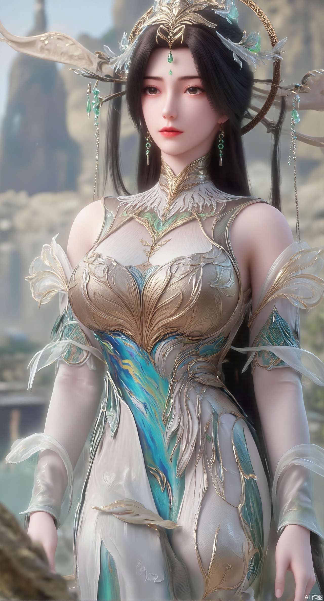 (masterpiece:1.2),best quality,extremely detailed wallpaper,perfect lighting1girl,solo,standing,looking at viewer,(cowboy_shot:1.3),,long hair,blurry background,depth of field,in summer,day,outdoors,nature,sea,(beach:1.4),(huge breasts:2.99),(full breasts:2.99),XcaiyunK,XlimuwanJCB,Xjiningshuang,XjiningshuangX2,XzixinK,XliushenWDDk,XtingerY,XbaiyuekuiXY,XqingyiXYK,COLORFUL CHAOS CRACKS AND DROPS,RAINBOW GLOW.