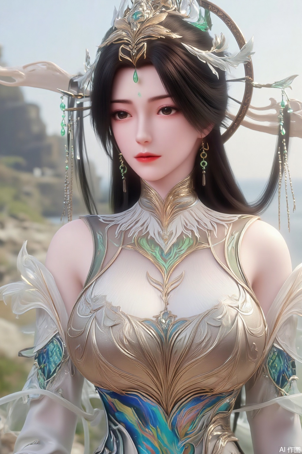 (masterpiece:1.2),best quality,extremely detailed wallpaper,perfect lighting1girl,solo,standing,looking at viewer,(cowboy_shot:1.3),,long hair,blurry background,depth of field,in summer,day,outdoors,nature,sea,(beach:1.4),(huge breasts:2.99),(full breasts:2.99),XcaiyunK,XlimuwanJCB,Xjiningshuang,XjiningshuangX2,XzixinK,XliushenWDDk,XtingerY,XbaiyuekuiXY,XqingyiXYK,COLORFUL CHAOS CRACKS AND DROPS,RAINBOW GLOW.