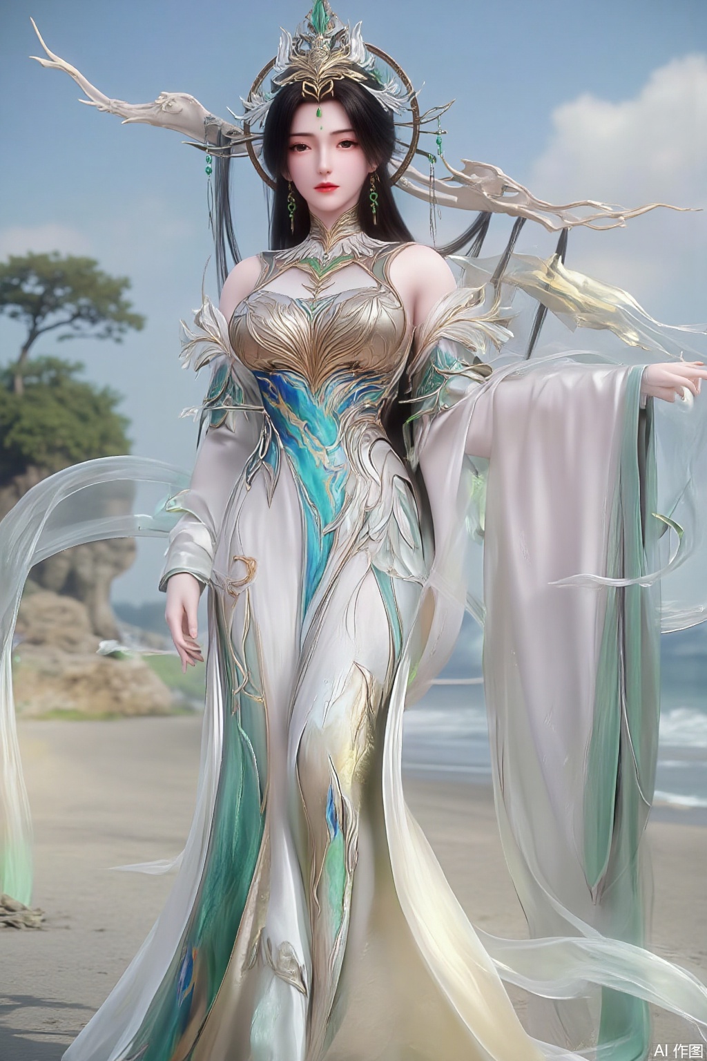  (masterpiece:1.2),best quality,3D animation,CG,absurdres,masterpiece,original,extremely detailed wallpaper,perfect lighting,(extremely detailed CG:1.2),1girl,solo,standing,(huge breasts:2.69),(full breasts:2.59),,looking at viewer,(cowboy_shot:1.1),long hair,high heels,blurry background,depth of field,motion blur,long dress,china_dress,chinese_style,bare shouders,crystal_earrings,headpiece,hair_tie,chest_jewel,gem,necklace,jewelry,in summer,day,outdoors,nature,sea,(rose,beach:1.49),(huge breasts:2.99),(full breasts:2.99),(very long legs,Diamond-studded high heels:1.5),XcaiyunK,XlimuwanJCB,Xjiningshuang,XjiningshuangX2,XzixinK,XliushenWDDk,XtingerY,XbaiyuekuiXY