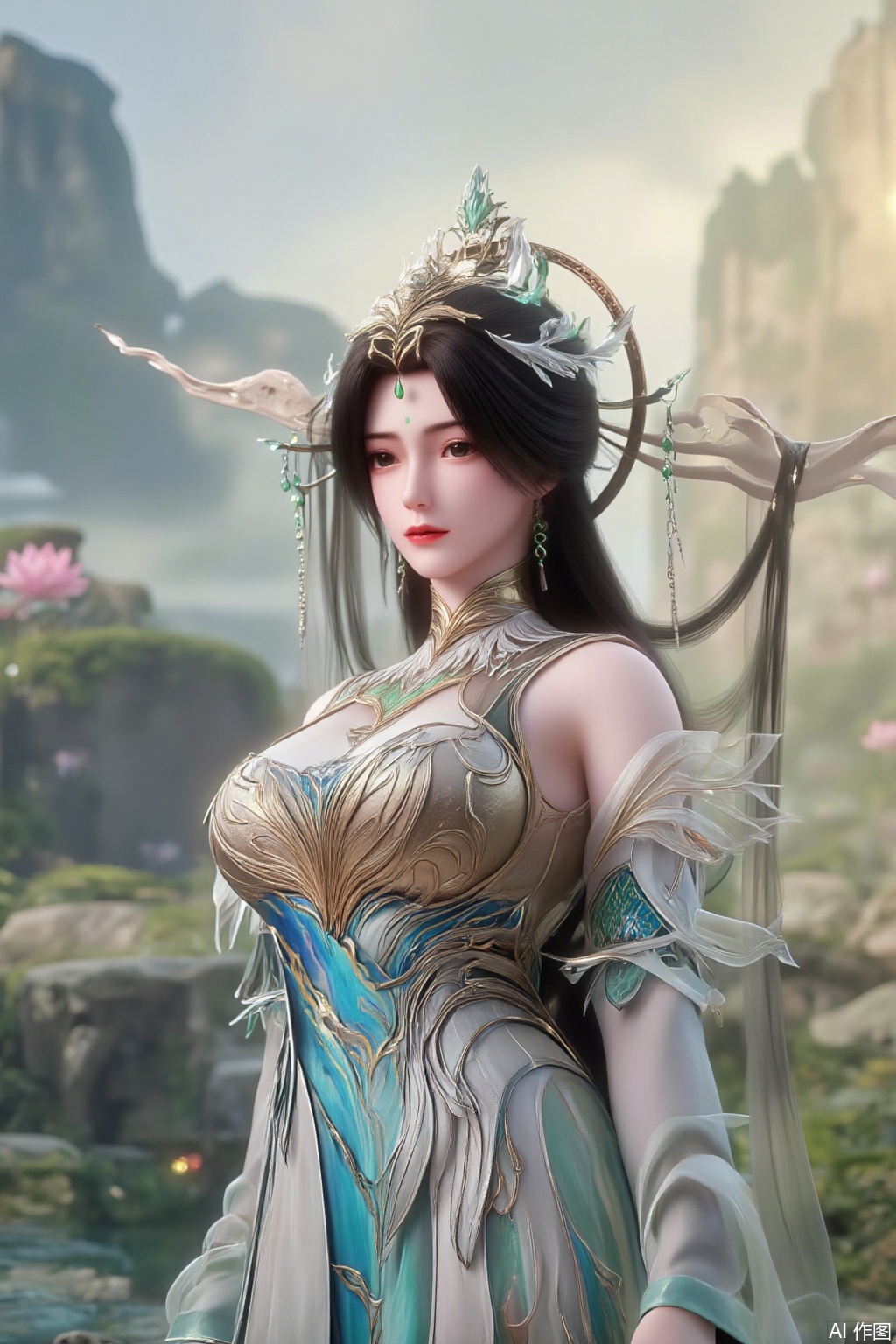 (masterpiece:1.2),best quality,absurdres,masterpiece,original,extremely detailed wallpaper,perfect lighting,(extremely detailed CG:1.2),1girl,solo,standing,looking at viewer,(cowboy_shot:1.3),black hair,long hair,high heels,blurry background,depth of field,motion blur,short dress,china_dress,chinese_style,bare shouders,crystal_earrings,headpiece,hair_tie,chest_jewel,gem,necklace,jewelry,in summer,day,outdoors,nature,sea,(beach:1.4),(huge breasts:2.99),(full breasts:2.99),(lotus pond and pink lotus flowers:1.59),,(very long legs,Diamond-studded high heels:1.5),XcaiyunK,XlimuwanJCB,Xjiningshuang,XjiningshuangX2,XzixinK,XliushenWDDk,XtingerY,XbaiyuekuiXY,XqingyiXYK,COLORFUL CHAOS CRACKS AND DROPS,RAINBOW GLOW.