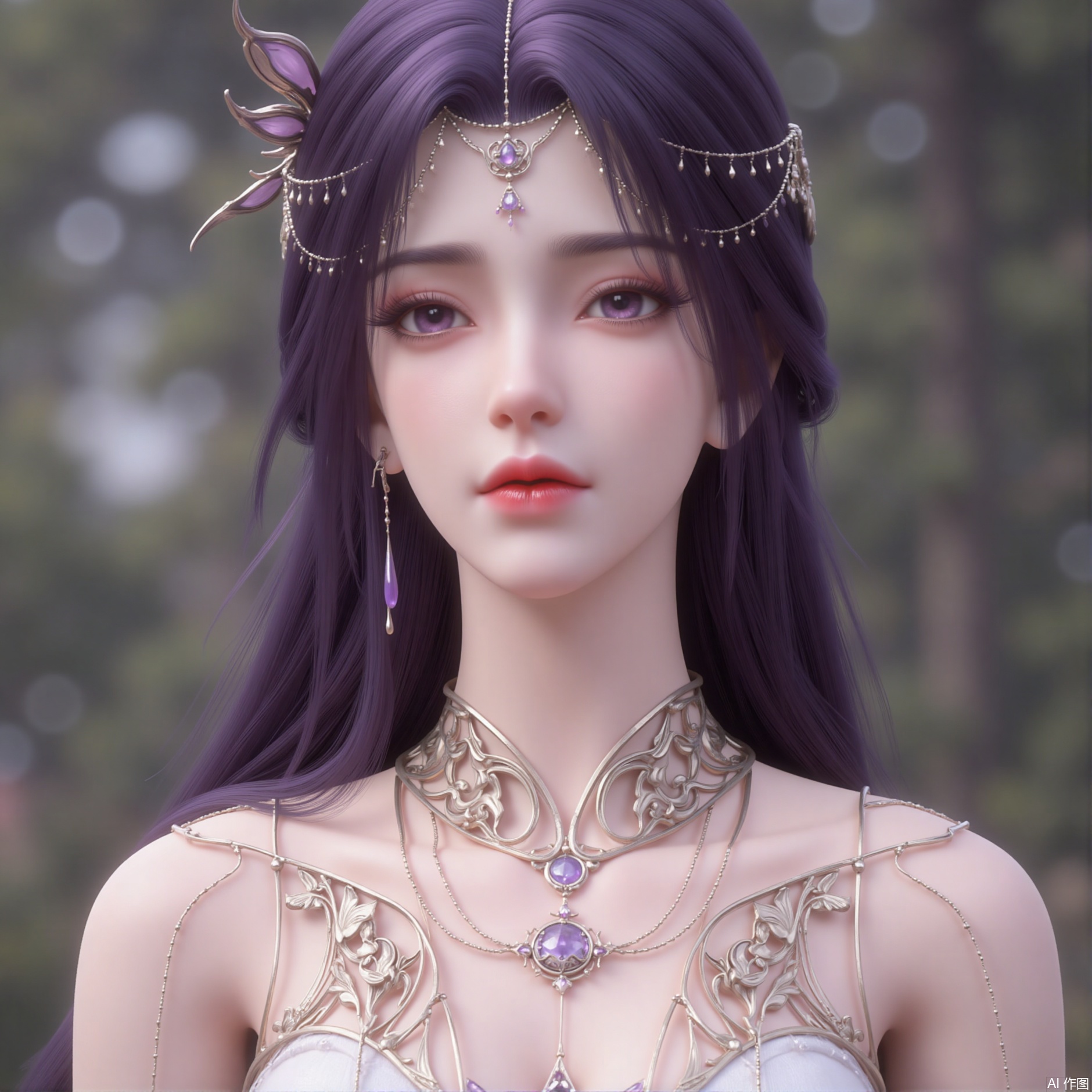 zichu-tms-yx, 1girl, solo, long hair, hair ornament, dress, jewelry, purple eyes, upper body, purple hair, earrings, necklace, white dress, expressionless