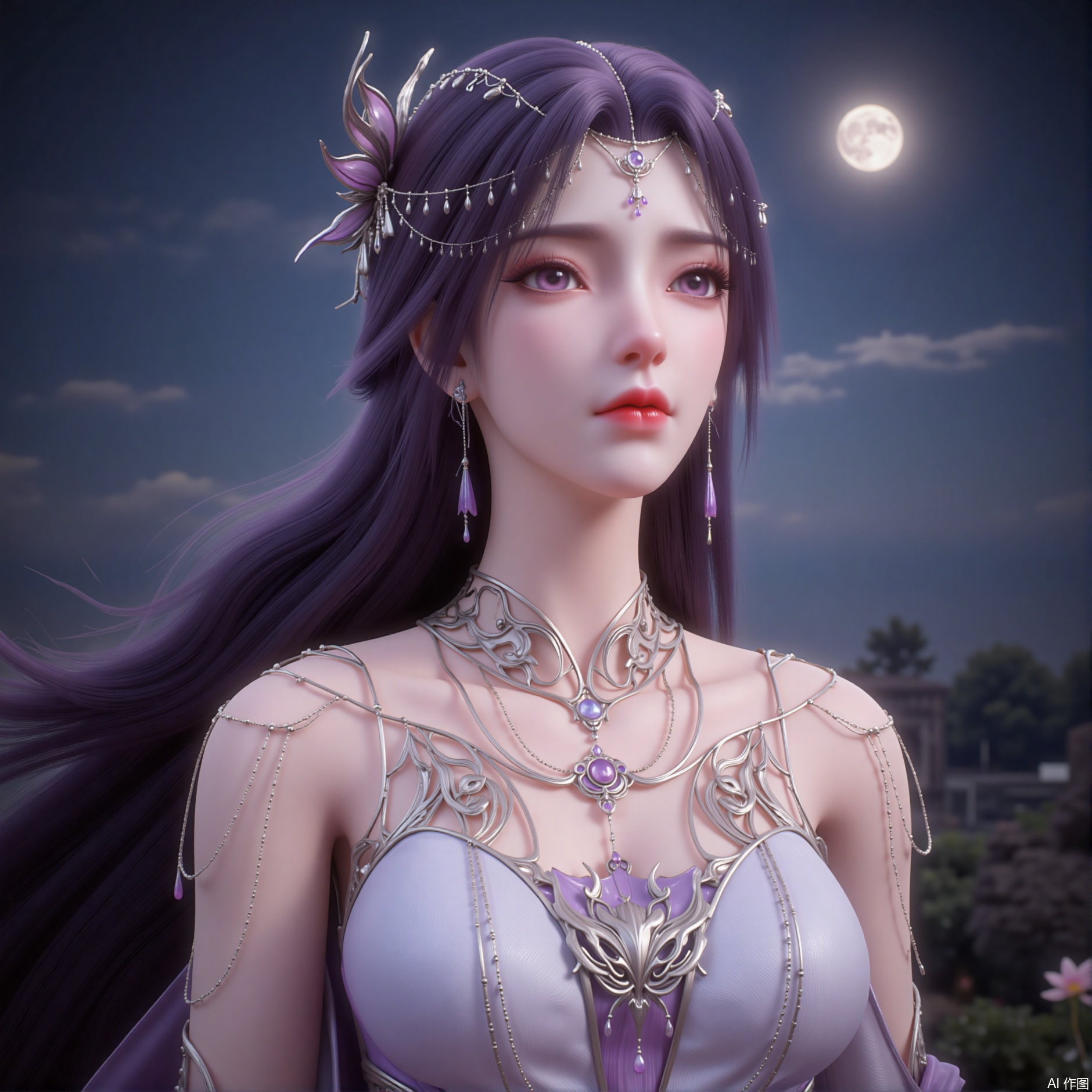 zichu-tms-yx, 1girl, solo, long hair, hair ornament, dress, bust, moon, sea of ​​flowers, flowers, forest, tree, butterfly, character light