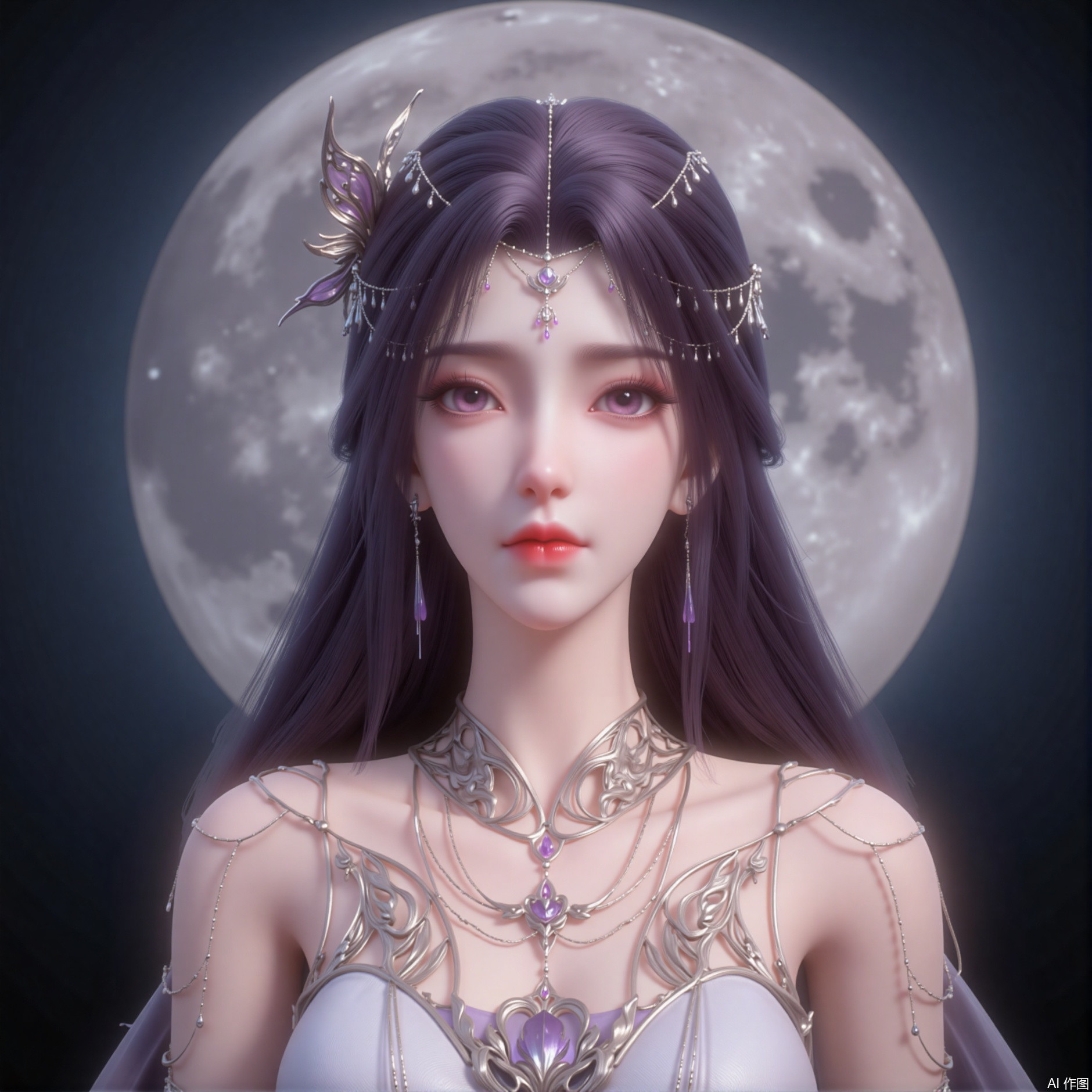 zichu-tms-yx, 1girl, solo, long hair, hair ornament, dress, bust, moon, sea of ​​flowers, flowers, forest, tree, butterfly, character light