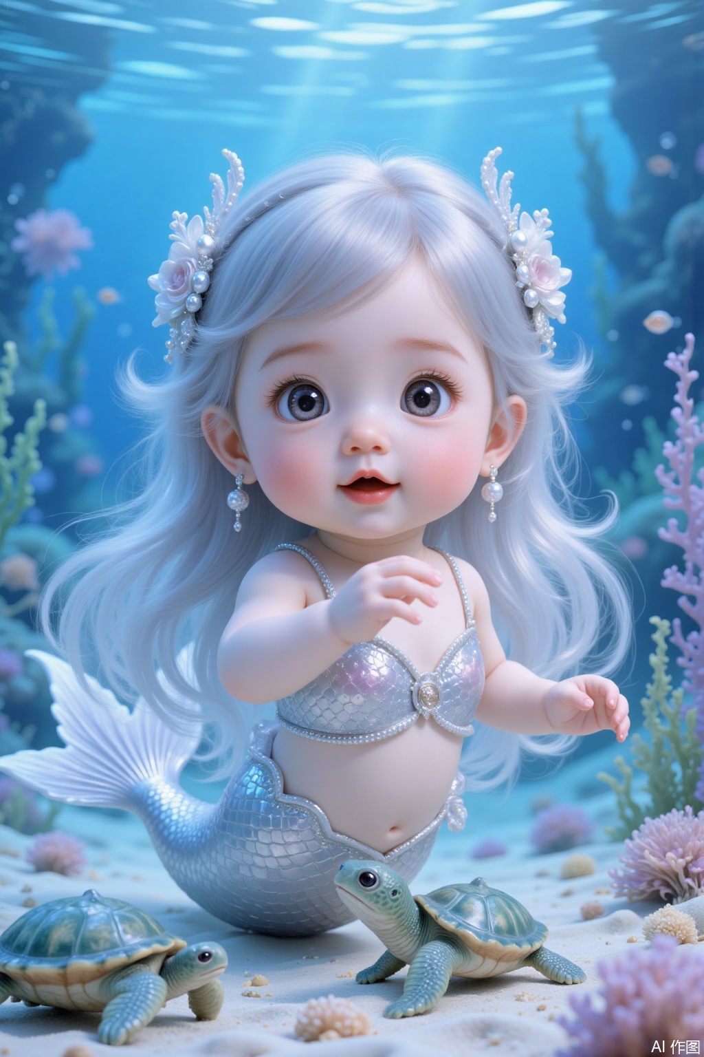 Chinese mermaid baby, long silver hair, play , cute, double eyelids, on the seabed, beautiful seabed, conch, little sea turtle, ultra-clear details,cy