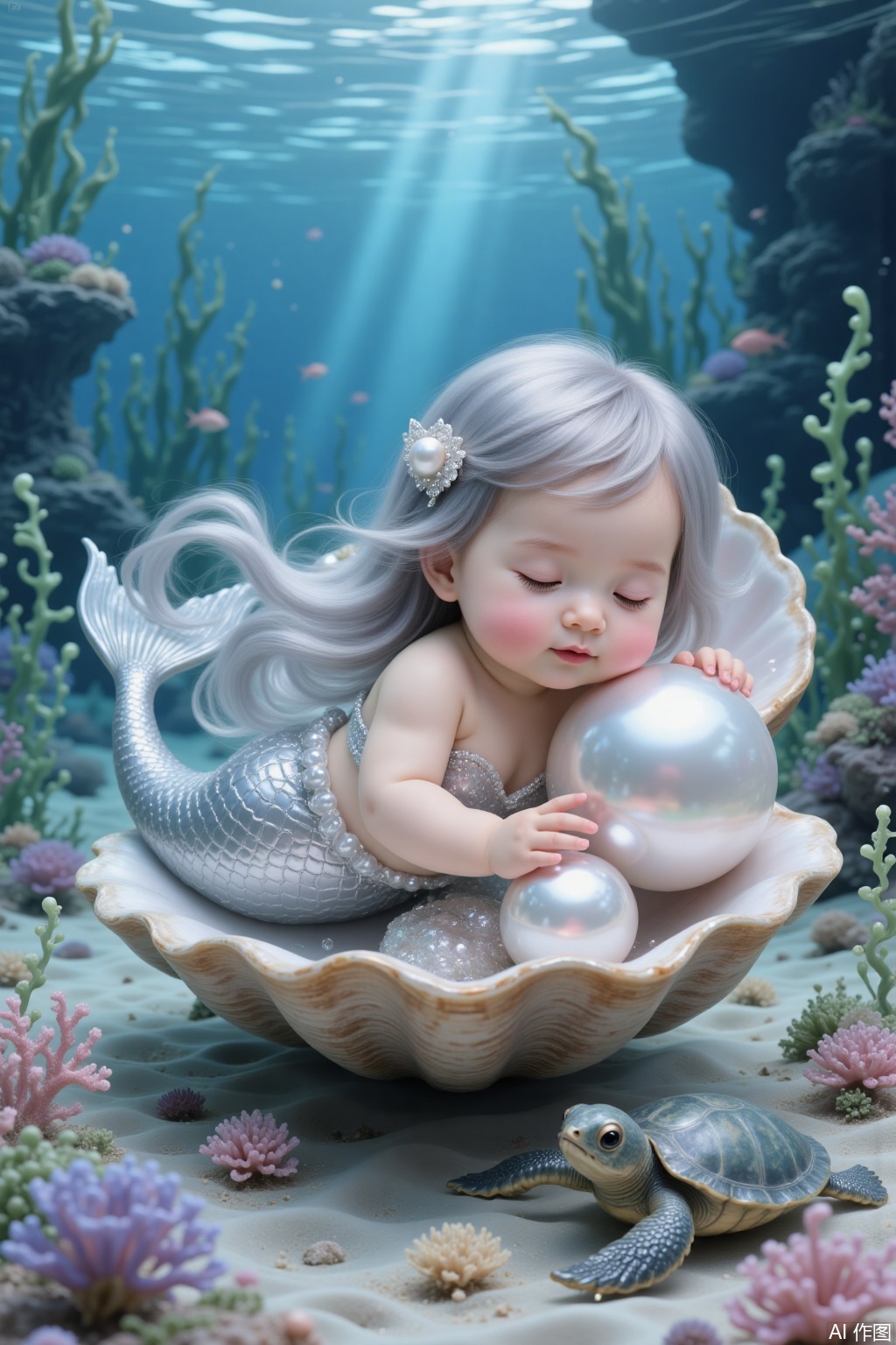 Chinese mermaid baby, long silver hair, sleeping in a big shell, holding a big pearl, cute, double eyelids, on the seabed, beautiful seabed, conch, little sea turtle, ultra-clear details,