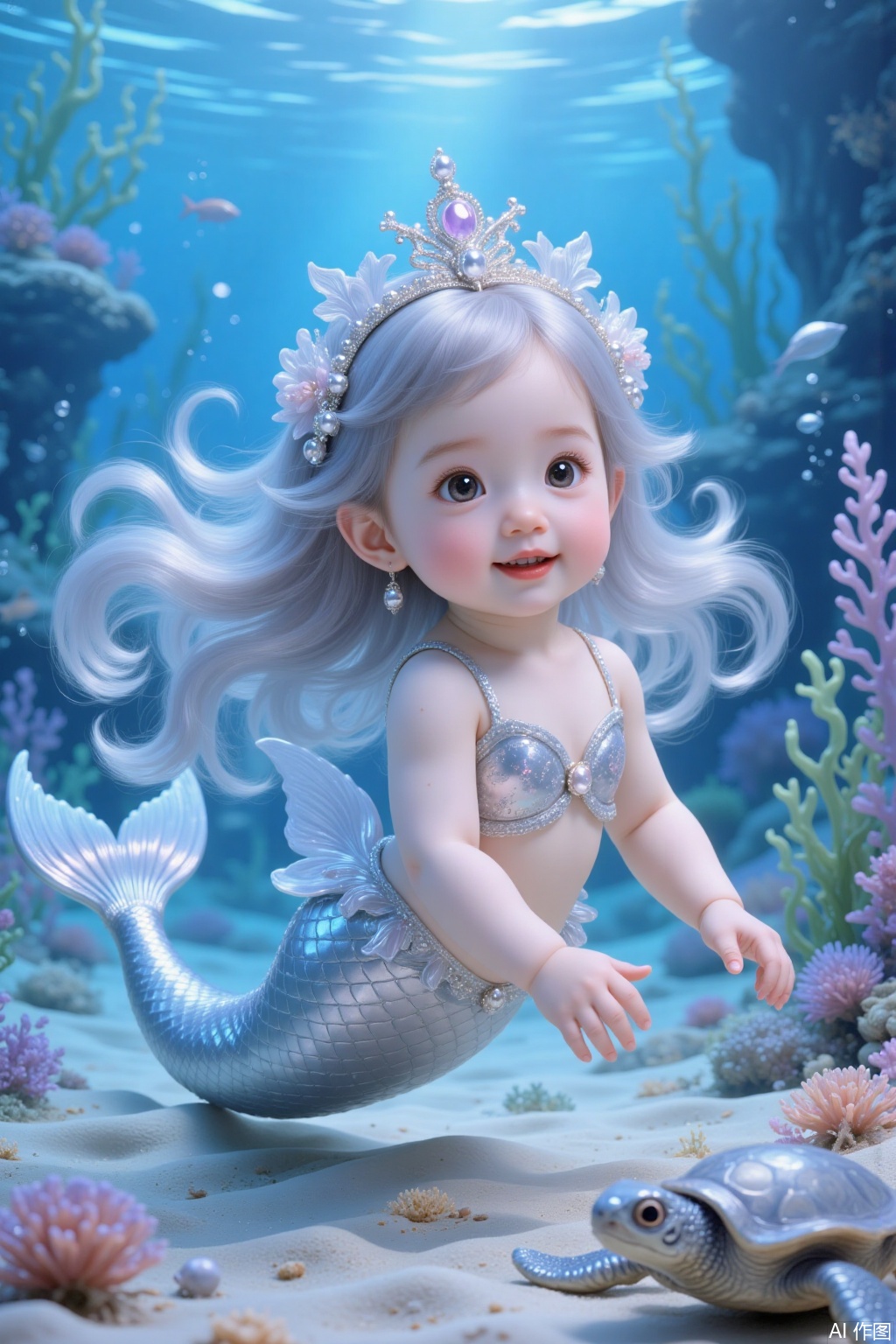 Chinese mermaid baby, long silver hair, play , cute, double eyelids, on the seabed, beautiful seabed, conch, little sea turtle, ultra-clear details,cy