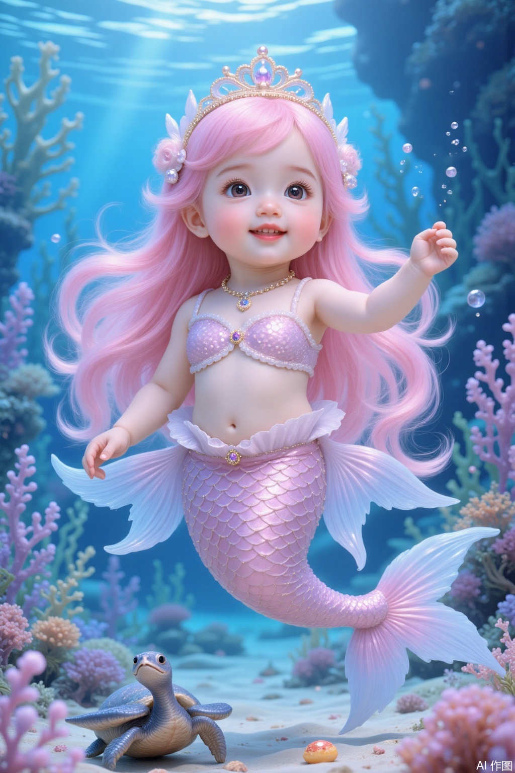 Chinese mermaid baby, long pink hair, play , cute, double eyelids, on the seabed, beautiful seabed, conch, little sea turtle, ultra-clear details,cy