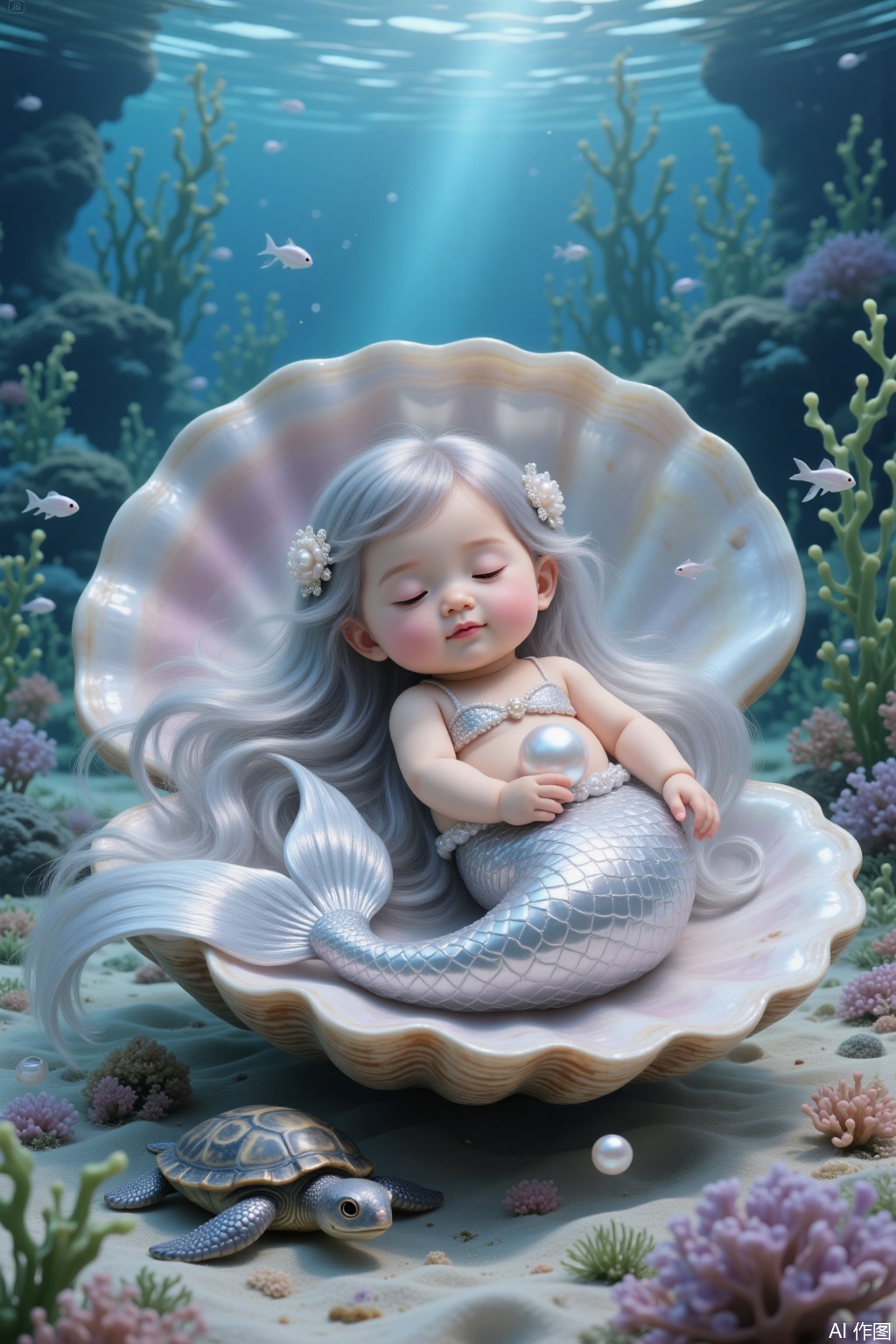Chinese mermaid baby, long silver hair, sleeping in a big shell, holding a big pearl, cute, double eyelids, on the seabed, beautiful seabed, conch, little sea turtle, ultra-clear details,