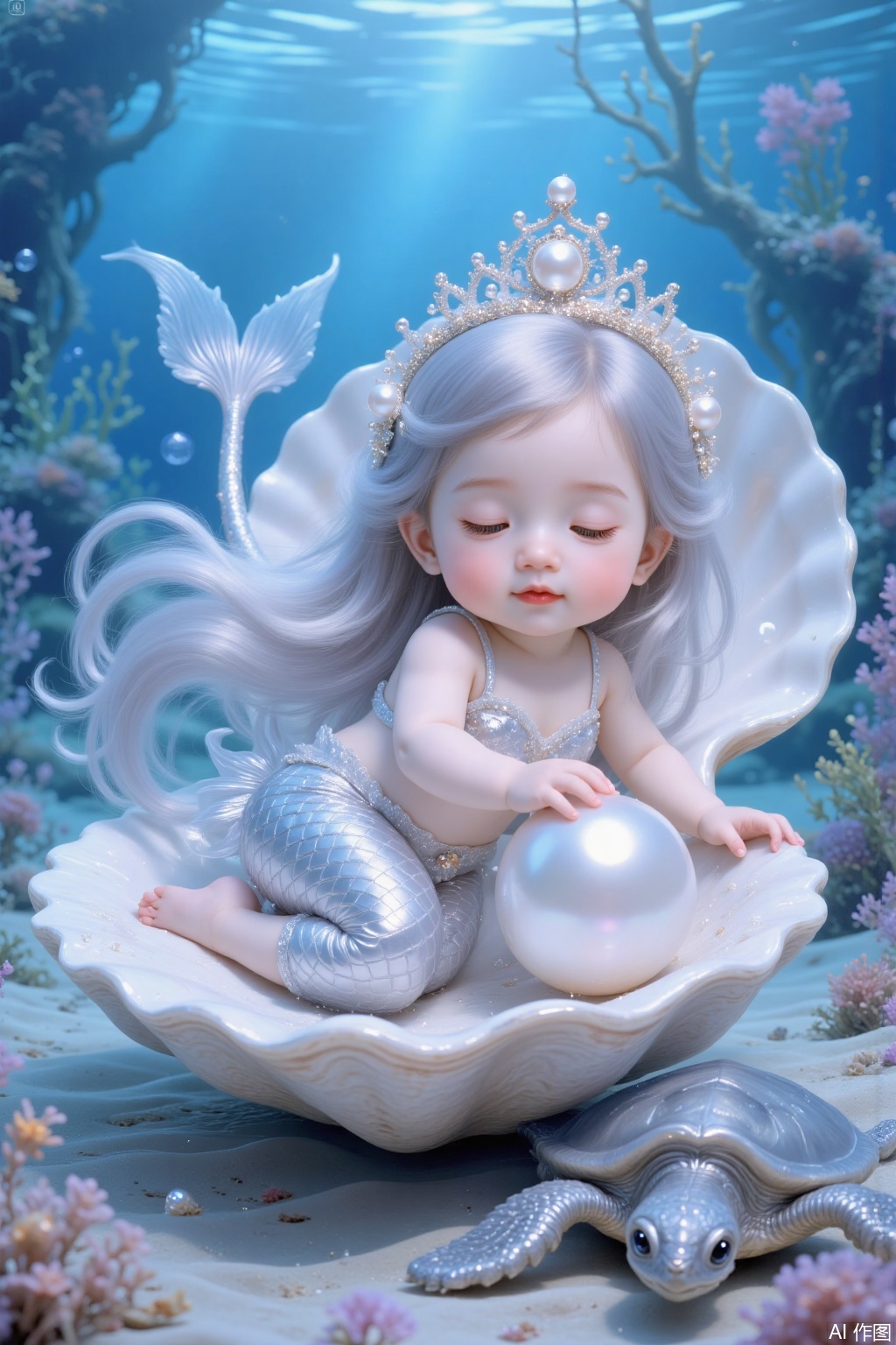 Chinese mermaid baby, long silver hair, sleeping in a big shell, holding a big pearl, cute, double eyelids, on the seabed, beautiful seabed, conch, little sea turtle, ultra-clear details,,cy