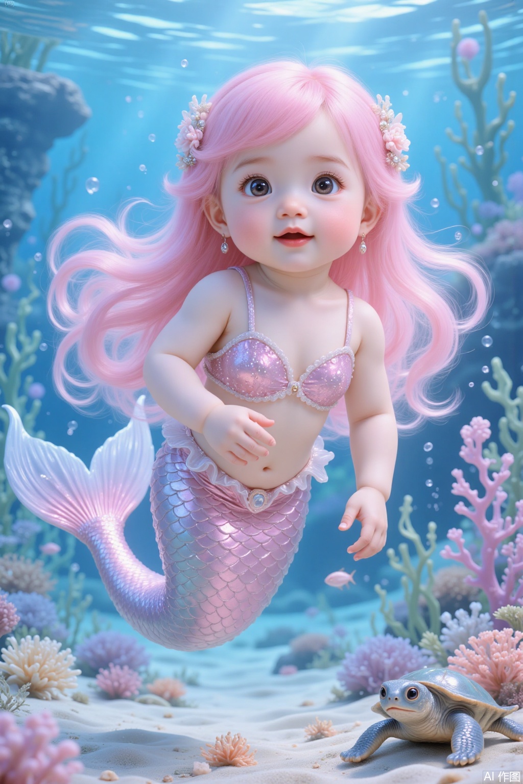 Chinese mermaid baby, long pink hair, play , cute, double eyelids, on the seabed, beautiful seabed, conch, little sea turtle, ultra-clear details,cy