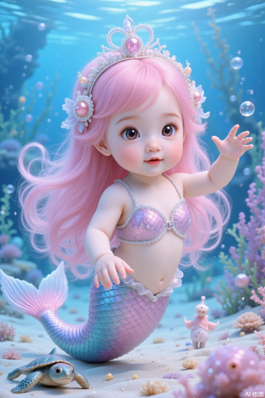 Chinese mermaid baby, long pink hair, play , cute, double eyelids, on the seabed, beautiful seabed, conch, little sea turtle, ultra-clear details,cy