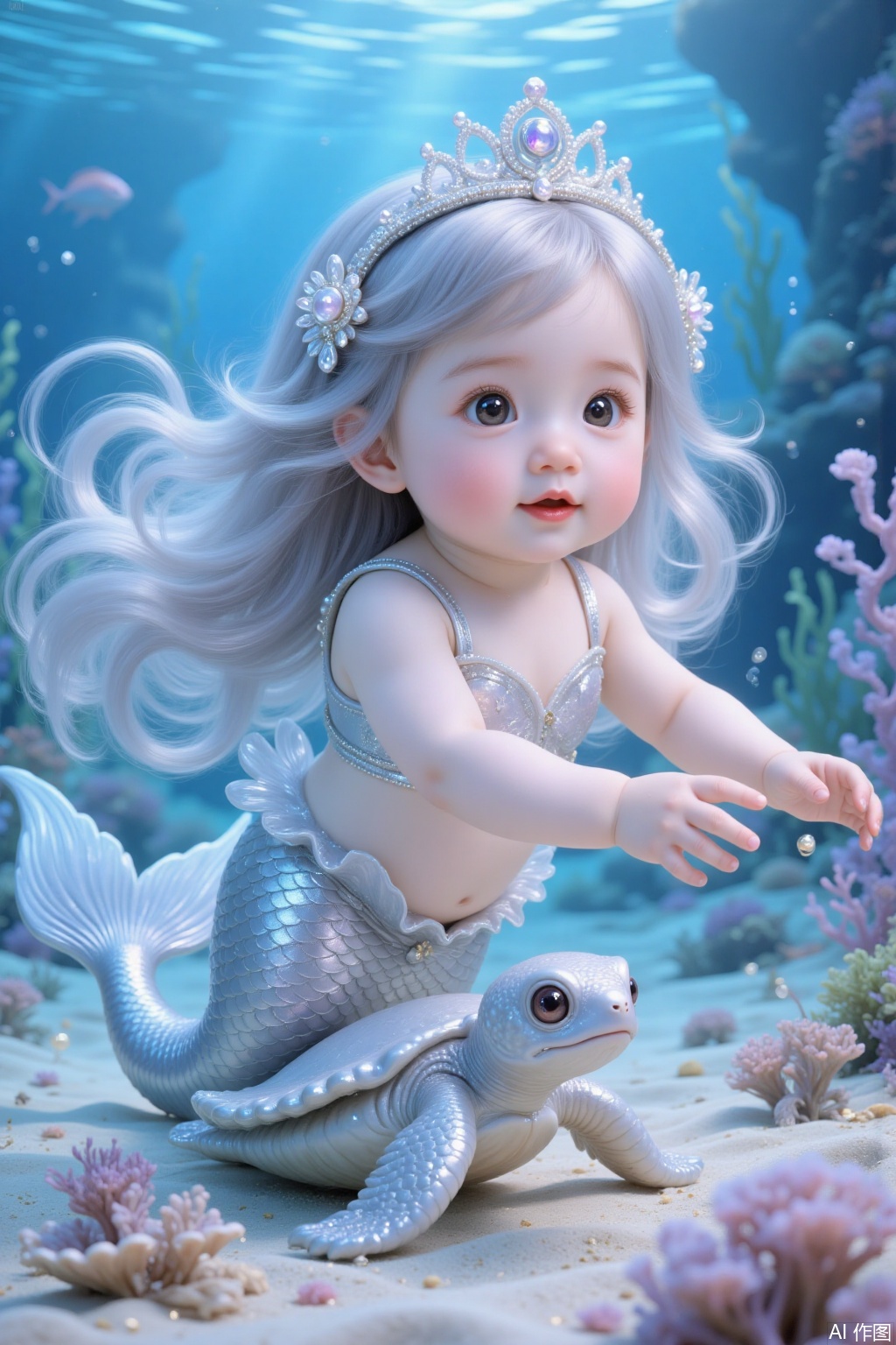 Chinese mermaid baby, long silver hair, play , cute, double eyelids, on the seabed, beautiful seabed, conch, little sea turtle, ultra-clear details,cy
