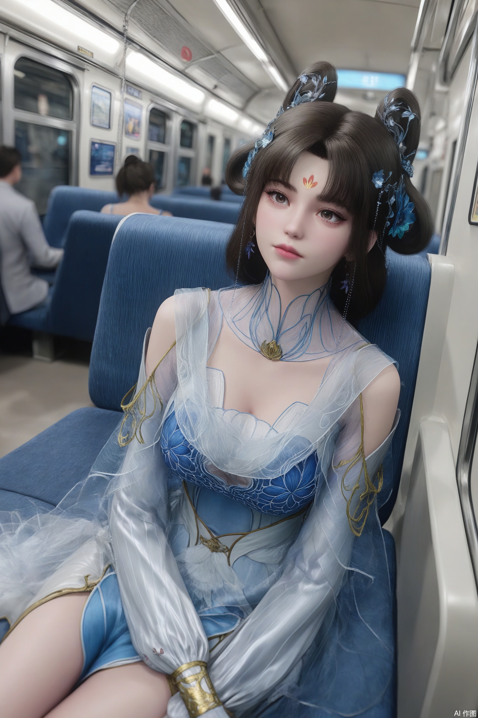 1girl,long, dark brown hair,  braided updos,blue and gold headdress,flowing,blue and white, ethereal gown,high collar,long sleeves, slit on one side,breasts,best quality, newest, absurdres, highres, highly detailed, very aesthetic,Pale skin,Model's body,glossy skin,glossy skin,glossy body.
solo,1girl,solo focus,(perfect_anatomy:1.1),(upper_body:1.2),(portrait:1.1),sitting,(train_interior:1.1),(blurry_background:1.2),score_9,