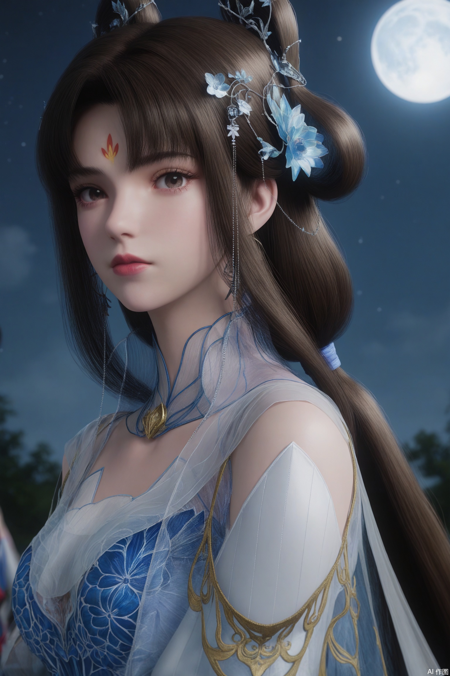 1girl,solo,shiny,shiny_hair,score_9,upper_body,portrait,fair_skin,white_skin,shiny_skin,shiny,Ivory_skin,looking at viewer,cinematic lighting,volumetric lighting,solo focus,blurry background,depth of field,night,sky,night sky,full moon,(huge planetary background:1),moonlight,long, dark brown hair, braided updos,blue and gold headdress,flowing,blue and white, ethereal gown,high collar,long sleeves, slit on one side,