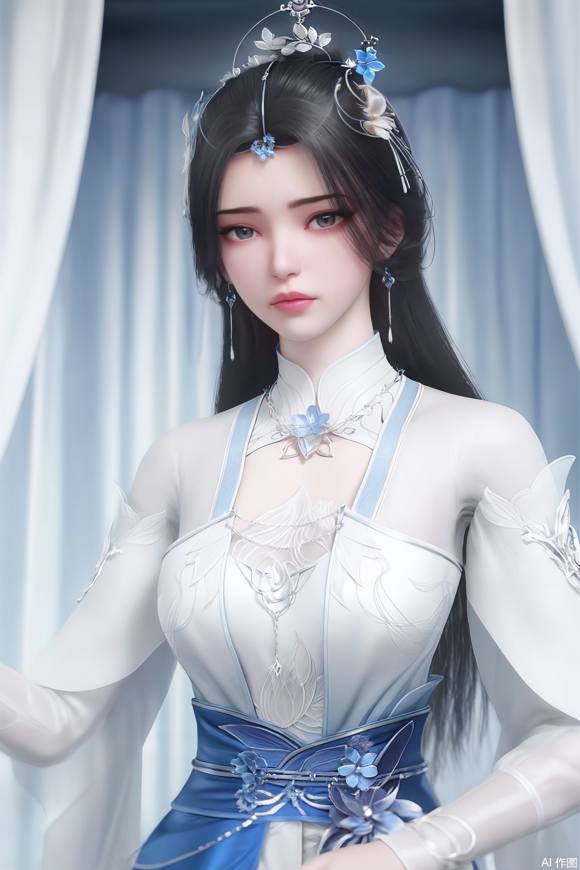 1girl, solo, long hair, looking at viewer, black hair, hair ornament,earrings,  jewelry, upper body,  long sleeves, dress,white dress, sash, curtains,
masterpiece, best quality, absurdres, highres, amazing quality, very aesthetic,  newest, absurdres, highres, highly detailed, very aesthetic,