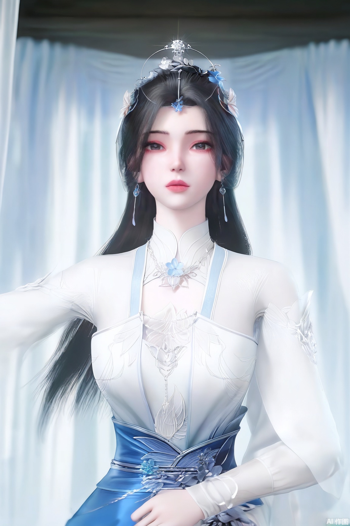 1girl, solo, long hair, looking at viewer, black hair, hair ornament,earrings,  jewelry, upper body,  long sleeves, dress,white dress, sash, curtains,
masterpiece, best quality, absurdres, highres, amazing quality, very aesthetic,  newest, absurdres, highres, highly detailed, very aesthetic,
