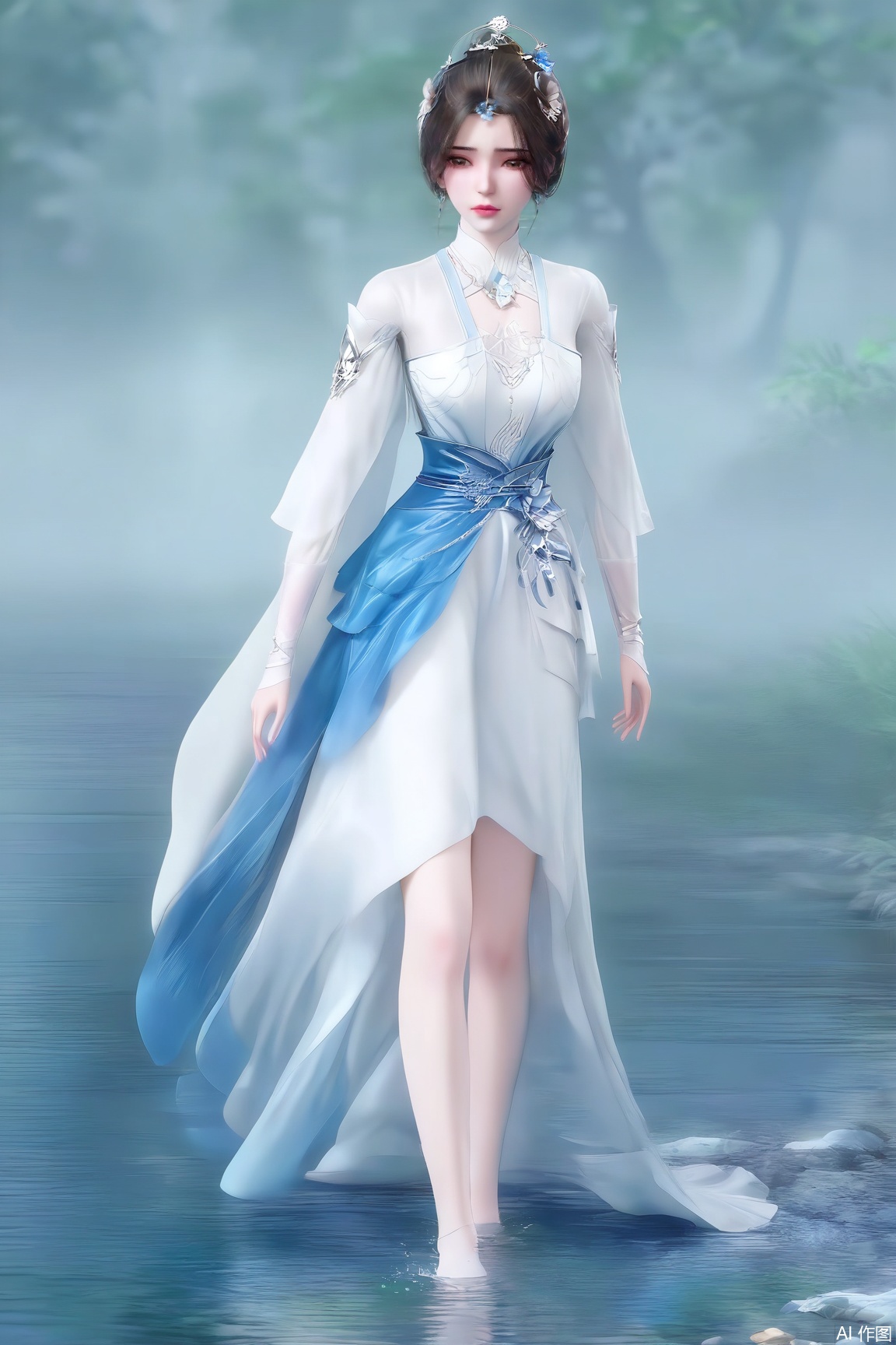 1girl, solo, brown hair, black hair, hair ornament, dress, jewelry, full body, water, hair bun, white dress, sash, bare legs, wading,
masterpiece, best quality, absurdres, highres, amazing quality, very aesthetic,  newest, absurdres, highres, highly detailed, very aesthetic,