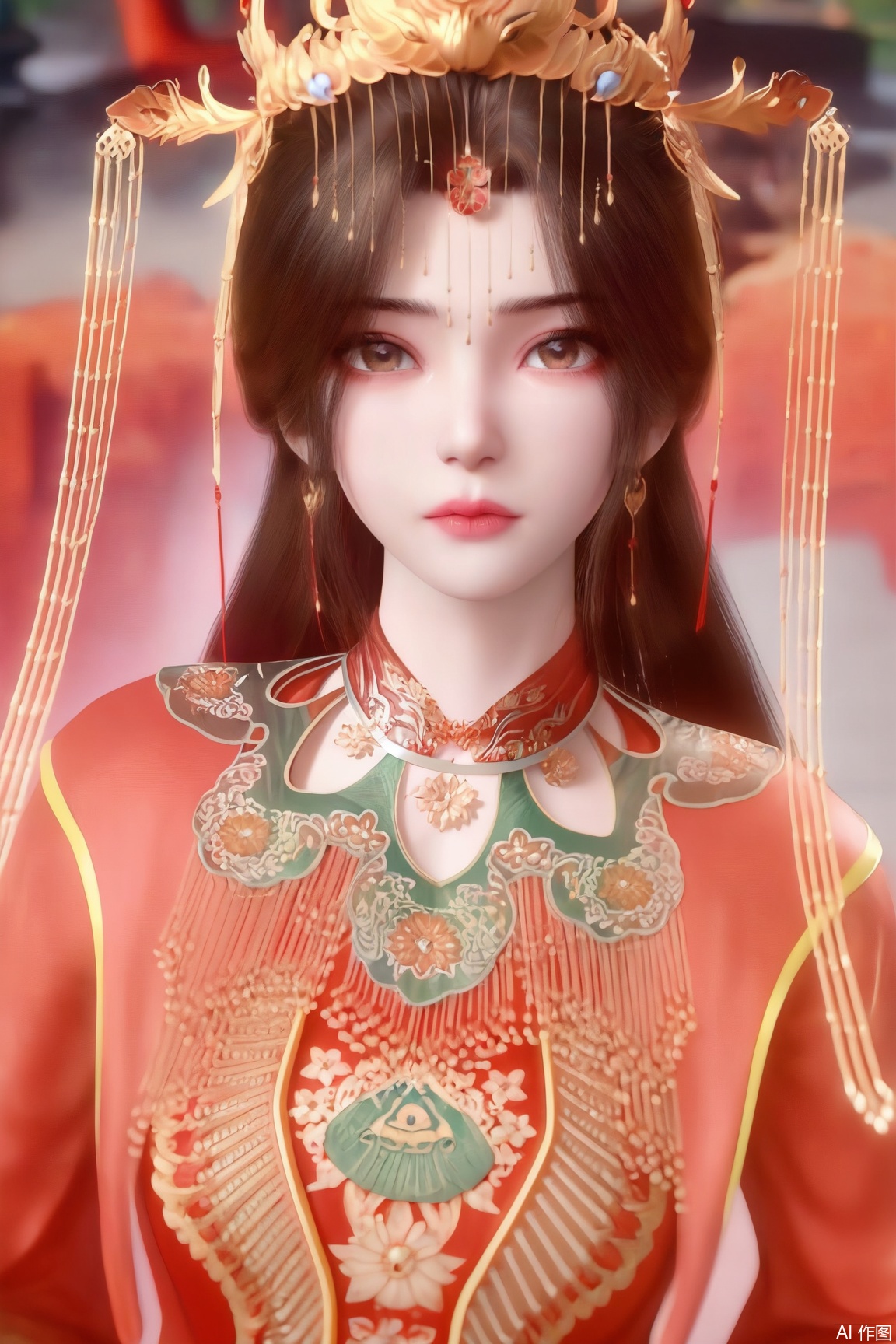 1girl, solo, long hair, looking at viewer, brown hair, hair ornament, dress, brown eyes, jewelry, closed mouth, upper body, chinese clothes, red dress, 
masterpiece, best quality, absurdres, highres, amazing quality, very aesthetic,  newest, absurdres, highres, highly detailed, very aesthetic,