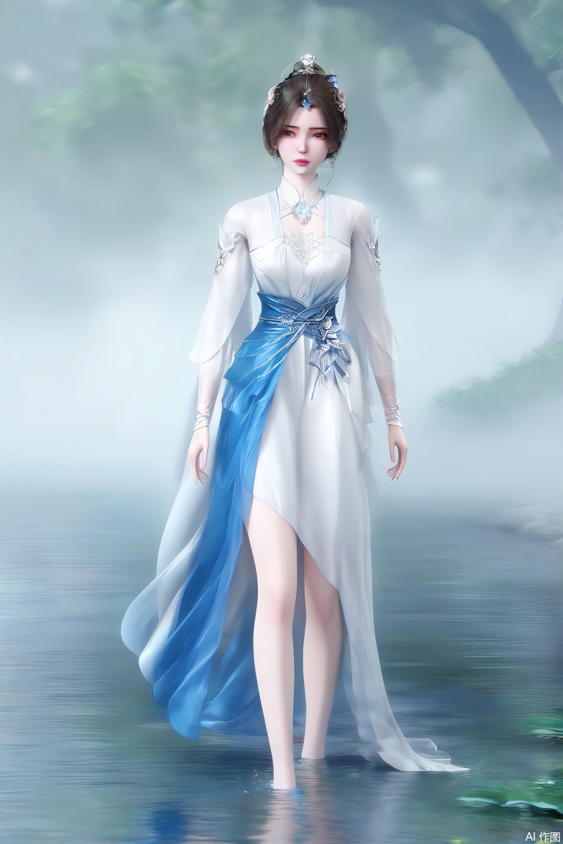 1girl, solo, brown hair, black hair, hair ornament, dress, jewelry, full body, water, hair bun, white dress, sash, bare legs, wading,
masterpiece, best quality, absurdres, highres, amazing quality, very aesthetic,  newest, absurdres, highres, highly detailed, very aesthetic,
