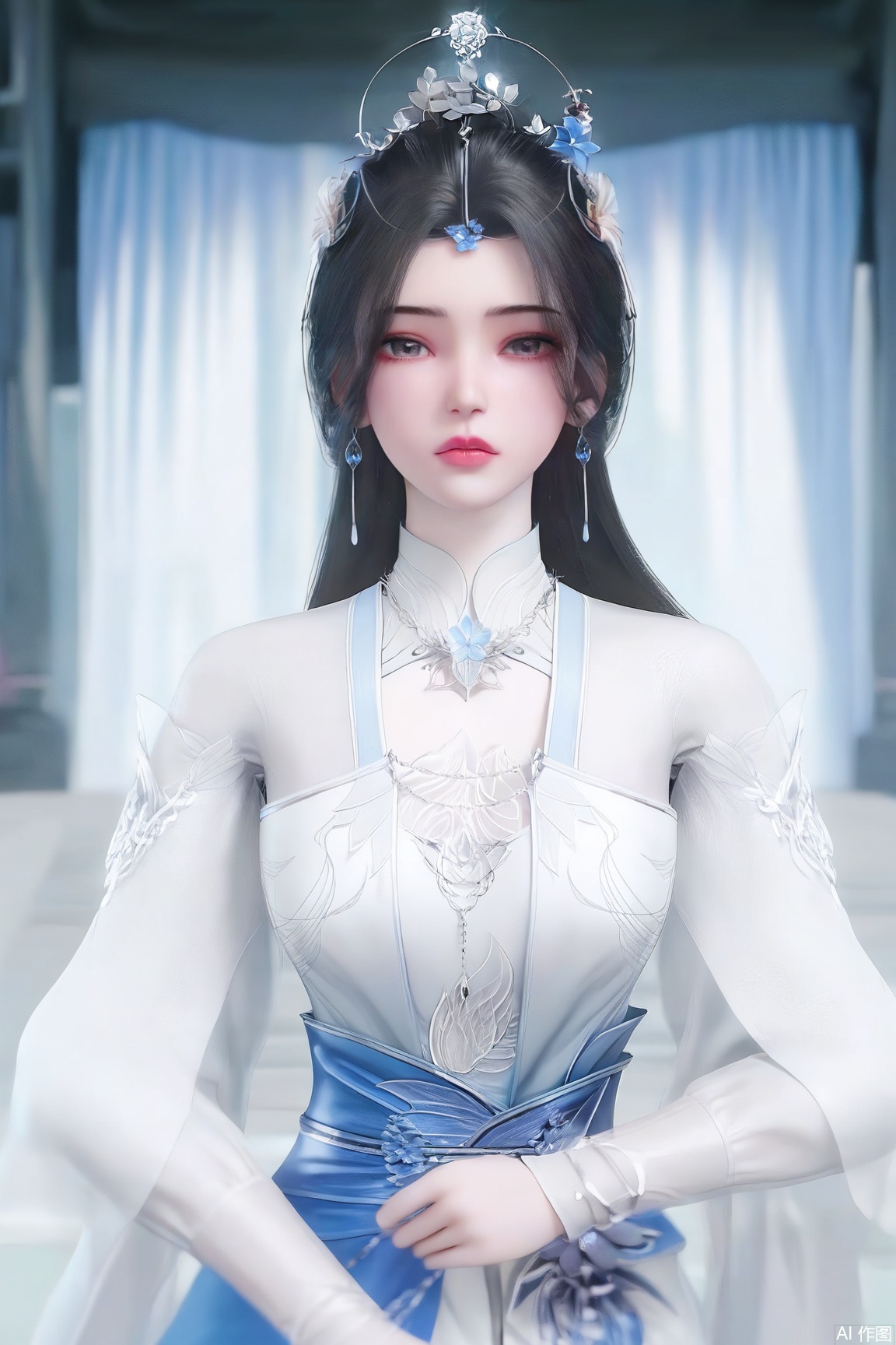 1girl, solo, long hair, looking at viewer, black hair, hair ornament,earrings,  jewelry, upper body,  long sleeves, dress,white dress, sash, curtains,
masterpiece, best quality, absurdres, highres, amazing quality, very aesthetic,  newest, absurdres, highres, highly detailed, very aesthetic,
