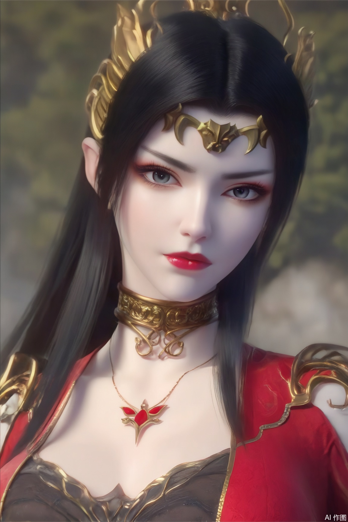 1girl, solo, long hair, looking at viewer, black hair, hair ornament, jewelry, upper body, red dress, 
masterpiece, best quality, absurdres, highres, amazing quality, very aesthetic,  newest, absurdres, highres, highly detailed, very aesthetic,