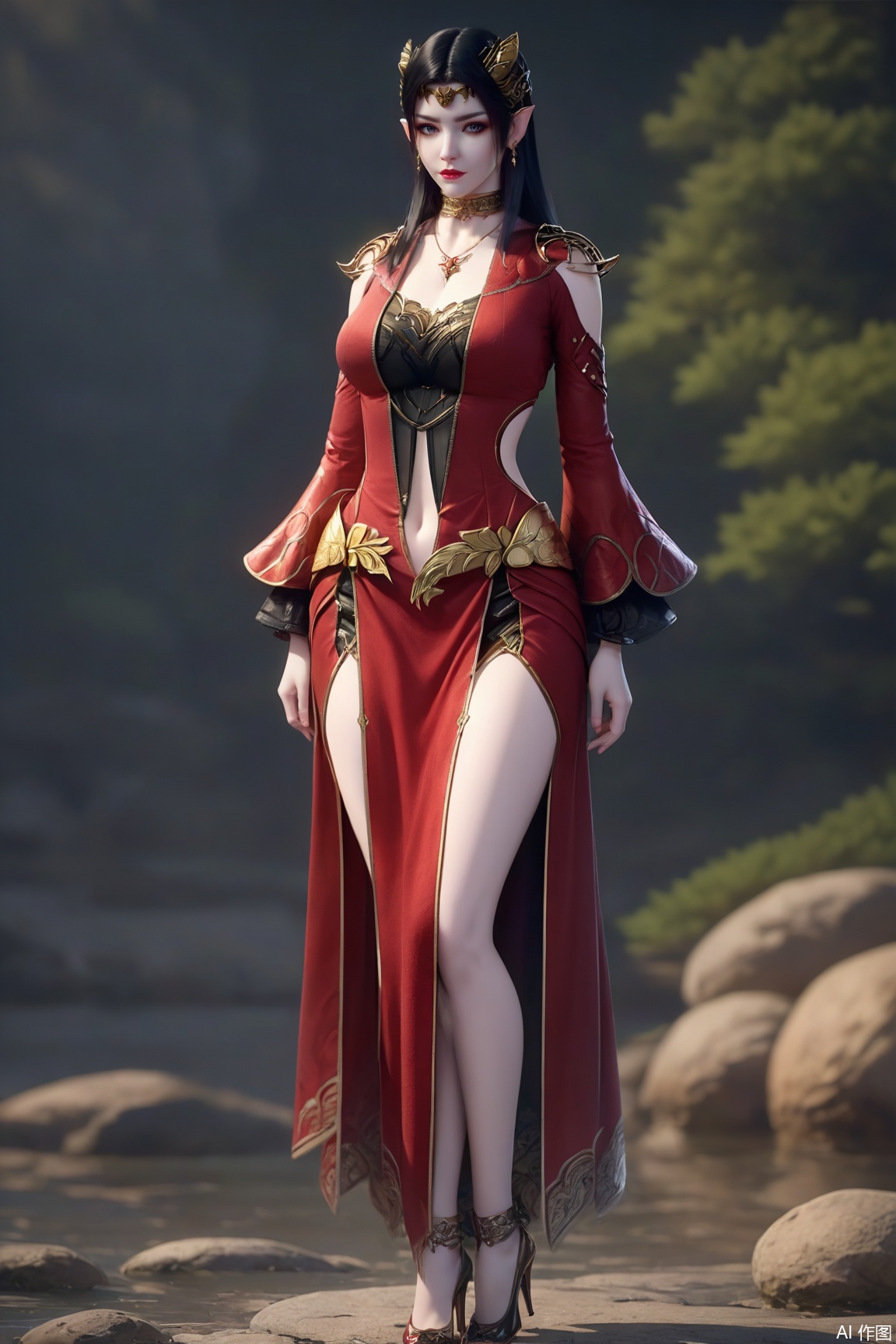 1girl, solo, long hair, breasts, looking at viewer, black hair, dress, navel, jewelry, standing, full body, earrings, pointy ears, necklace, high heels, clothing cutout, red dress, elf, navel cutout,
masterpiece, best quality, absurdres, highres, amazing quality, very aesthetic,  newest, absurdres, highres, highly detailed, very aesthetic,