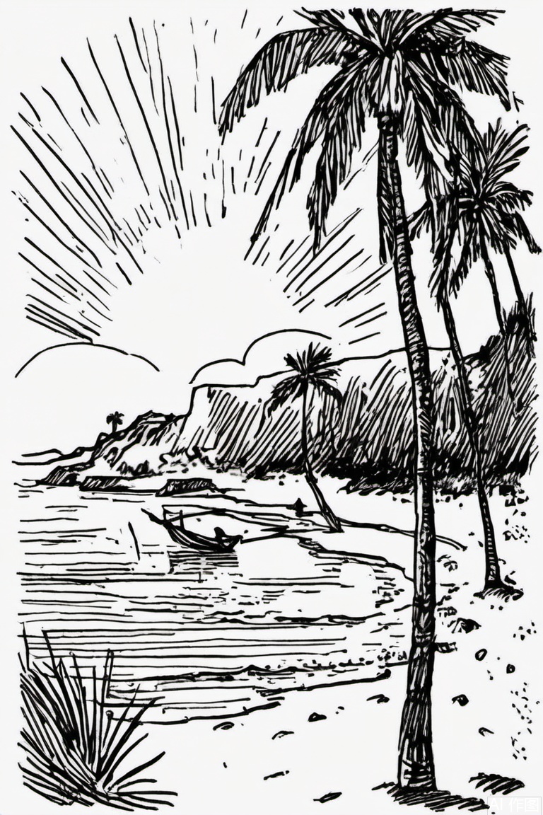 sketch,best,Black & White Image, Beach, Coconut Trees, Sunset