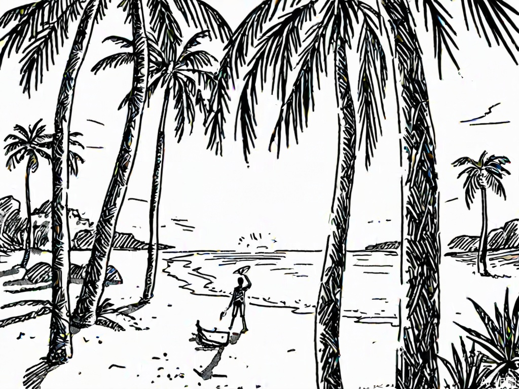 Black & White Image, Beach, Coconut Trees, Sunset