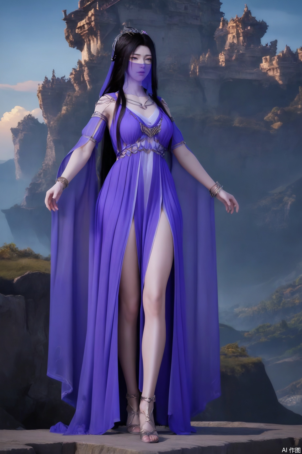 1girl, solo, long hair, black hair, dress, jewelry, full body, outdoors, sky, bracelet, veil, purple dress,bare legs,
masterpiece, best quality, absurdres, highres, amazing quality, very aesthetic,  newest, absurdres, highres, highly detailed, very aesthetic,
