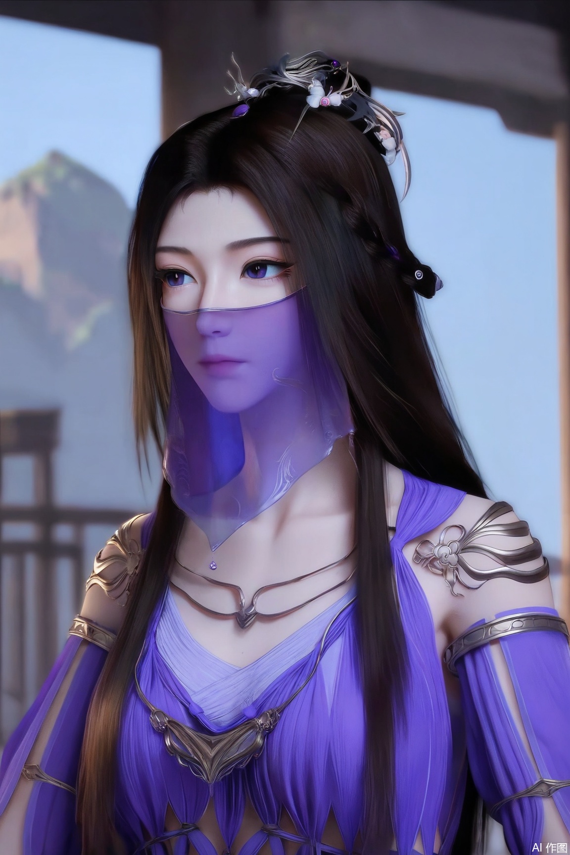 1girl, solo, long hair, brown hair, black hair, hair ornament, dress, jewelry, closed mouth, upper body, looking to the side, expressionless, veil, purple dress, mouth veil,
masterpiece, best quality, absurdres, highres, amazing quality, very aesthetic,  newest, absurdres, highres, highly detailed, very aesthetic,