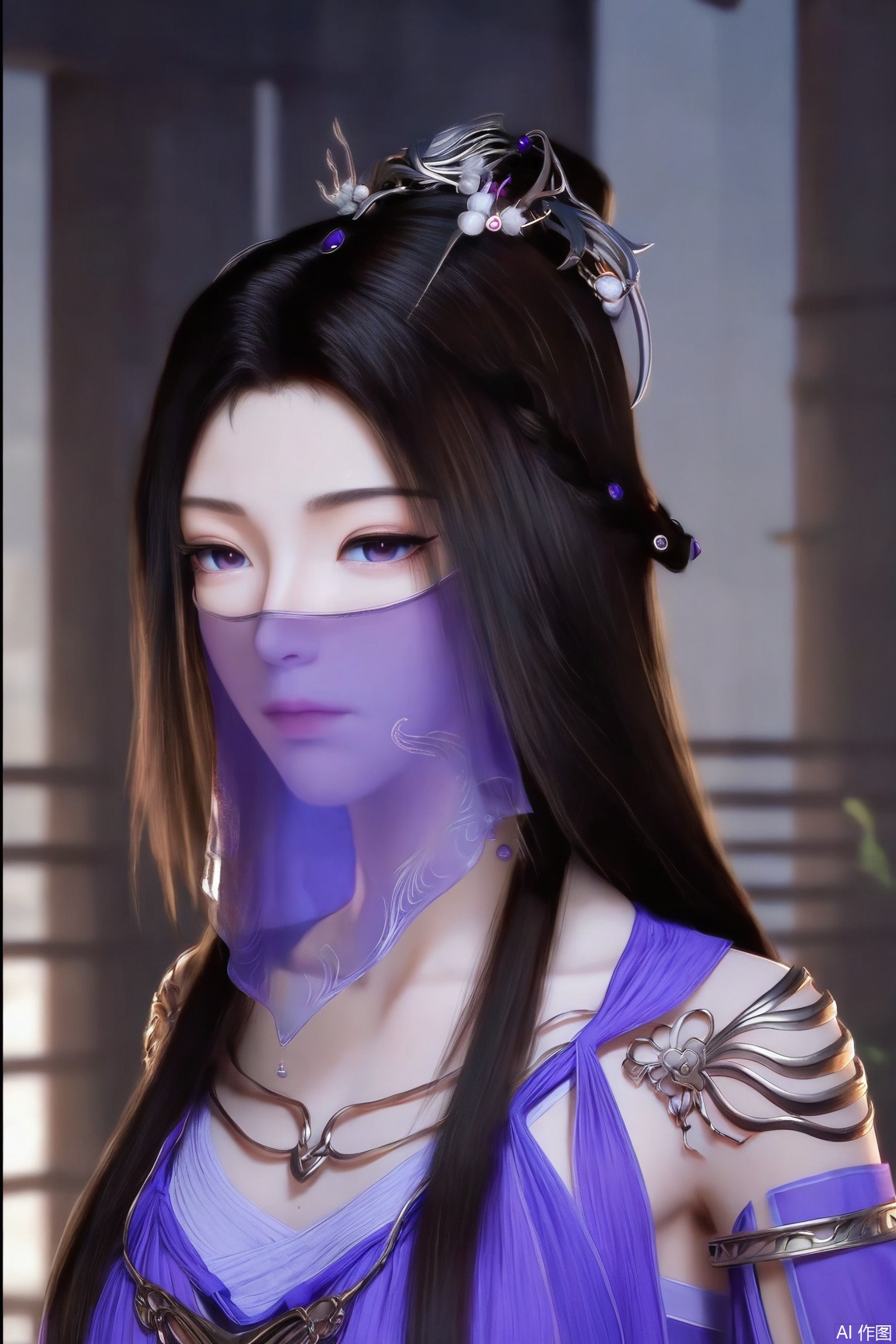 1girl, solo, long hair, brown hair, black hair, hair ornament, dress, jewelry, closed mouth, upper body, looking at viewer, expressionless, veil, purple dress, mouth veil,
masterpiece, best quality, absurdres, highres, amazing quality, very aesthetic,  newest, absurdres, highres, highly detailed, very aesthetic,